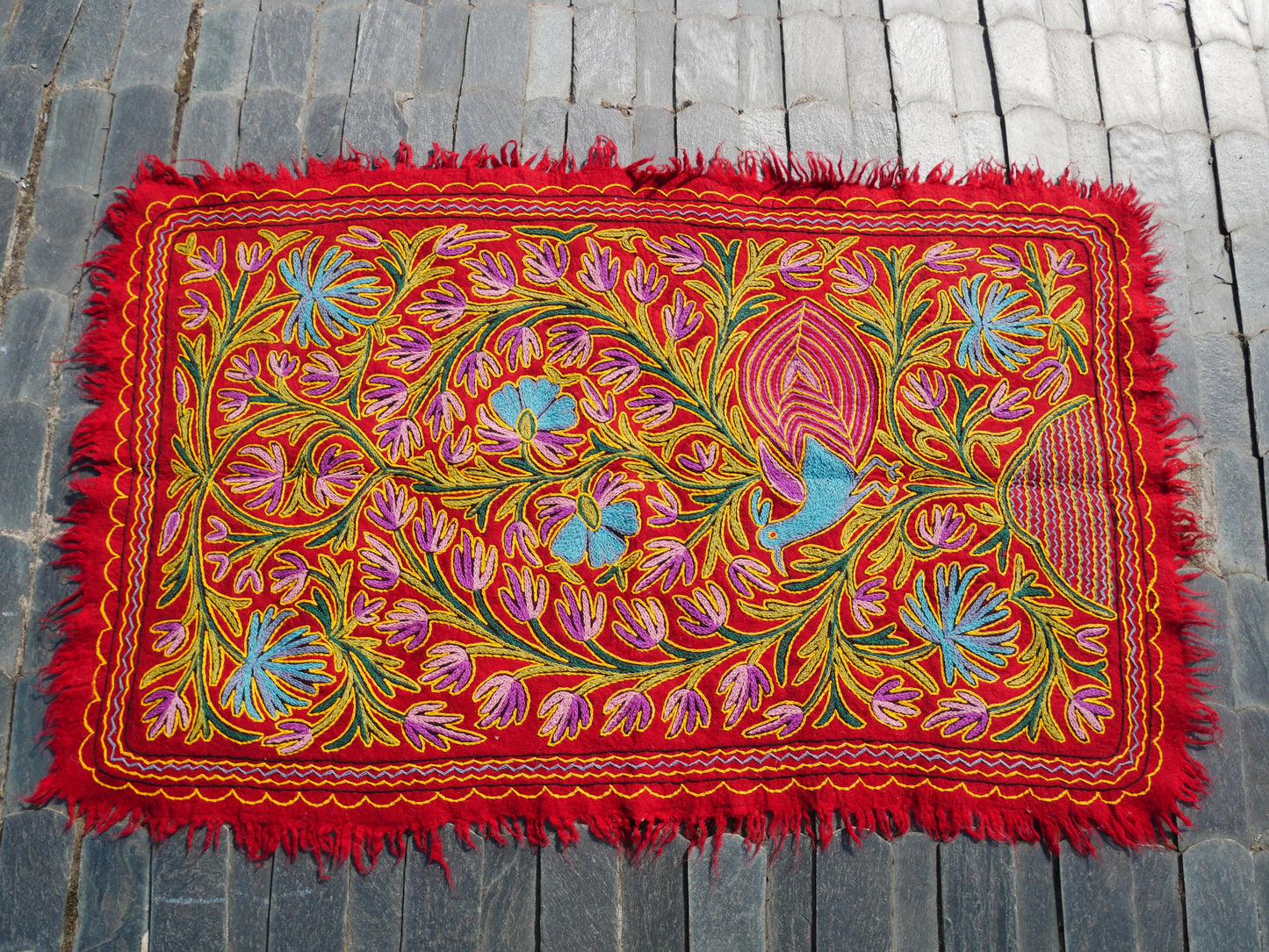 Wool area rug "Kashmir Garden" 6x4 | Flower and peacock embroidery hand felted Kashmiri "Namda" - The Shanti Home