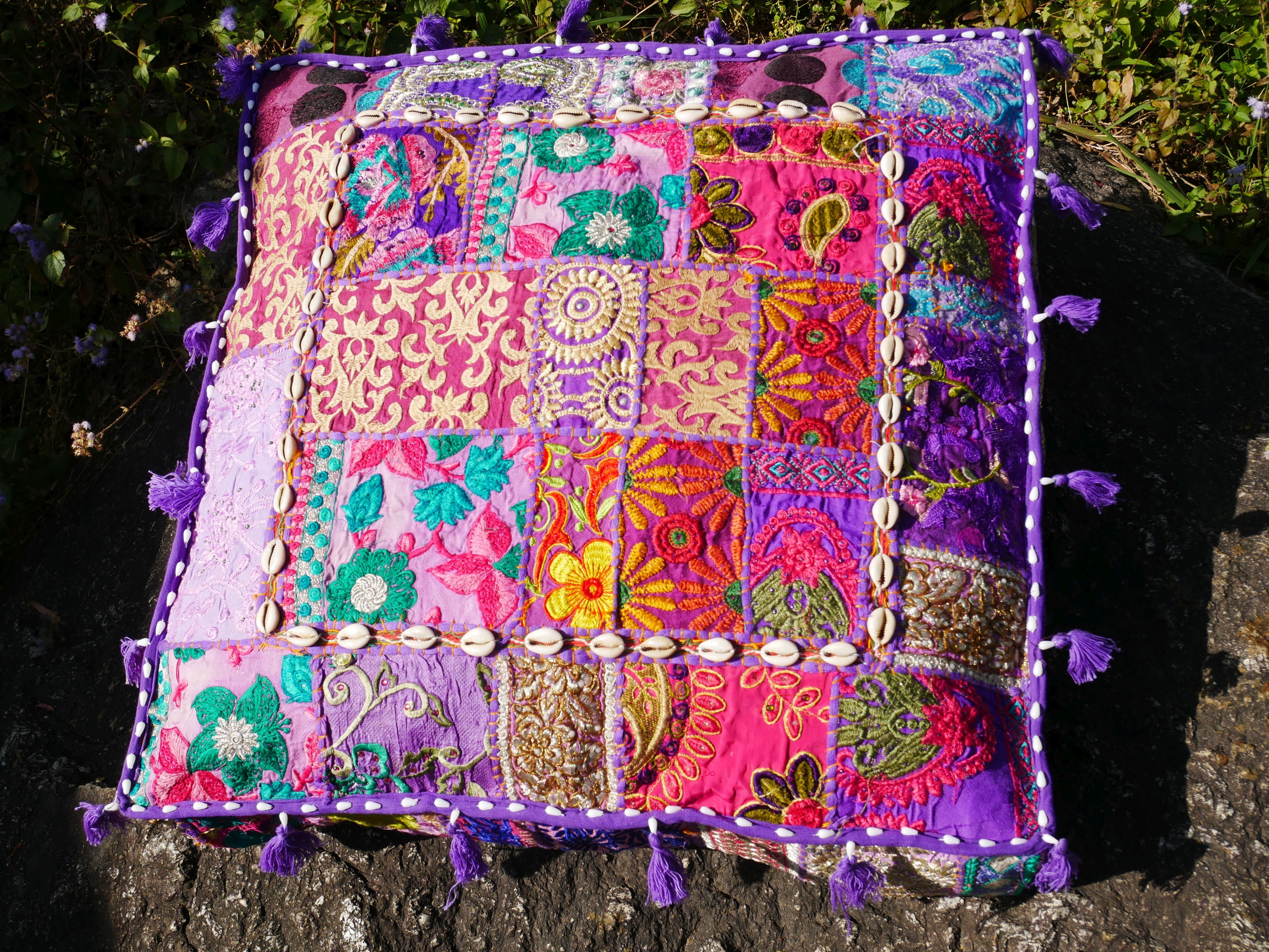 24" Floor pillow cover purple square pouf cushion - Indian style floor seating - The Shanti Home