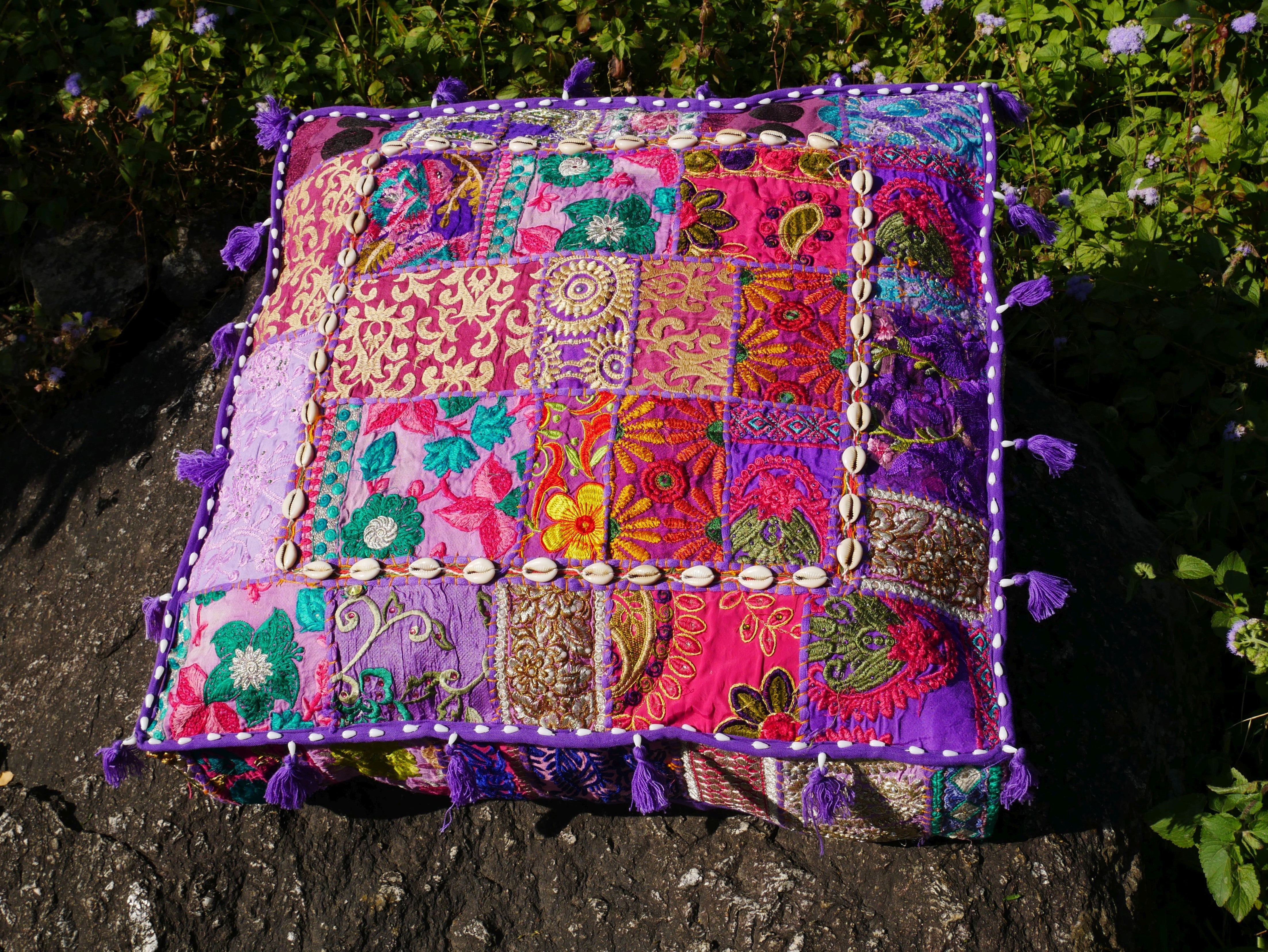 24" Floor pillow cover purple square pouf cushion - Indian style floor seating - The Shanti Home