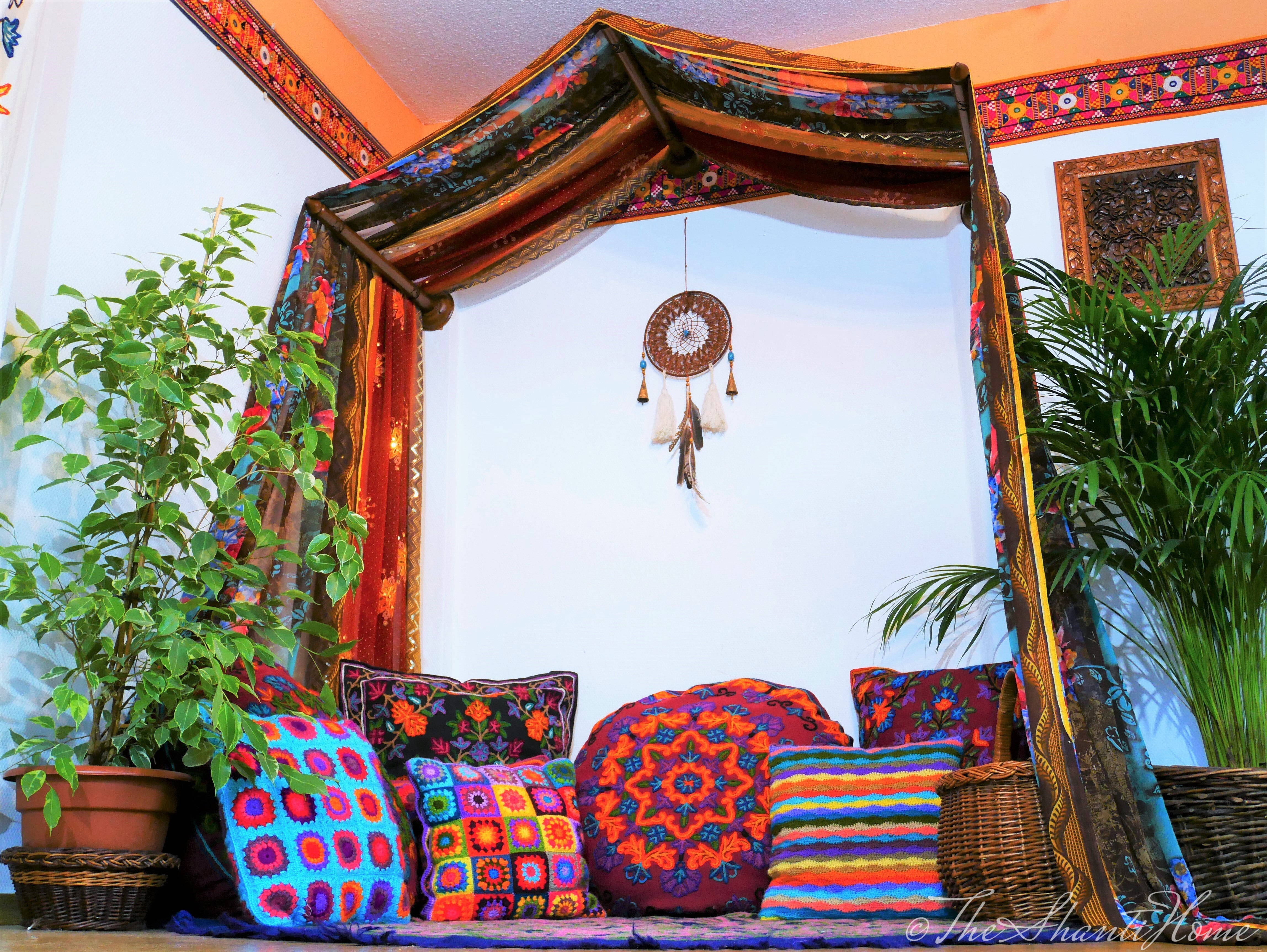 Boho bed canopy - custom made saree canopy frame with handcrafted walnut wood rods | bed curtains - meditation space - The Shanti Home