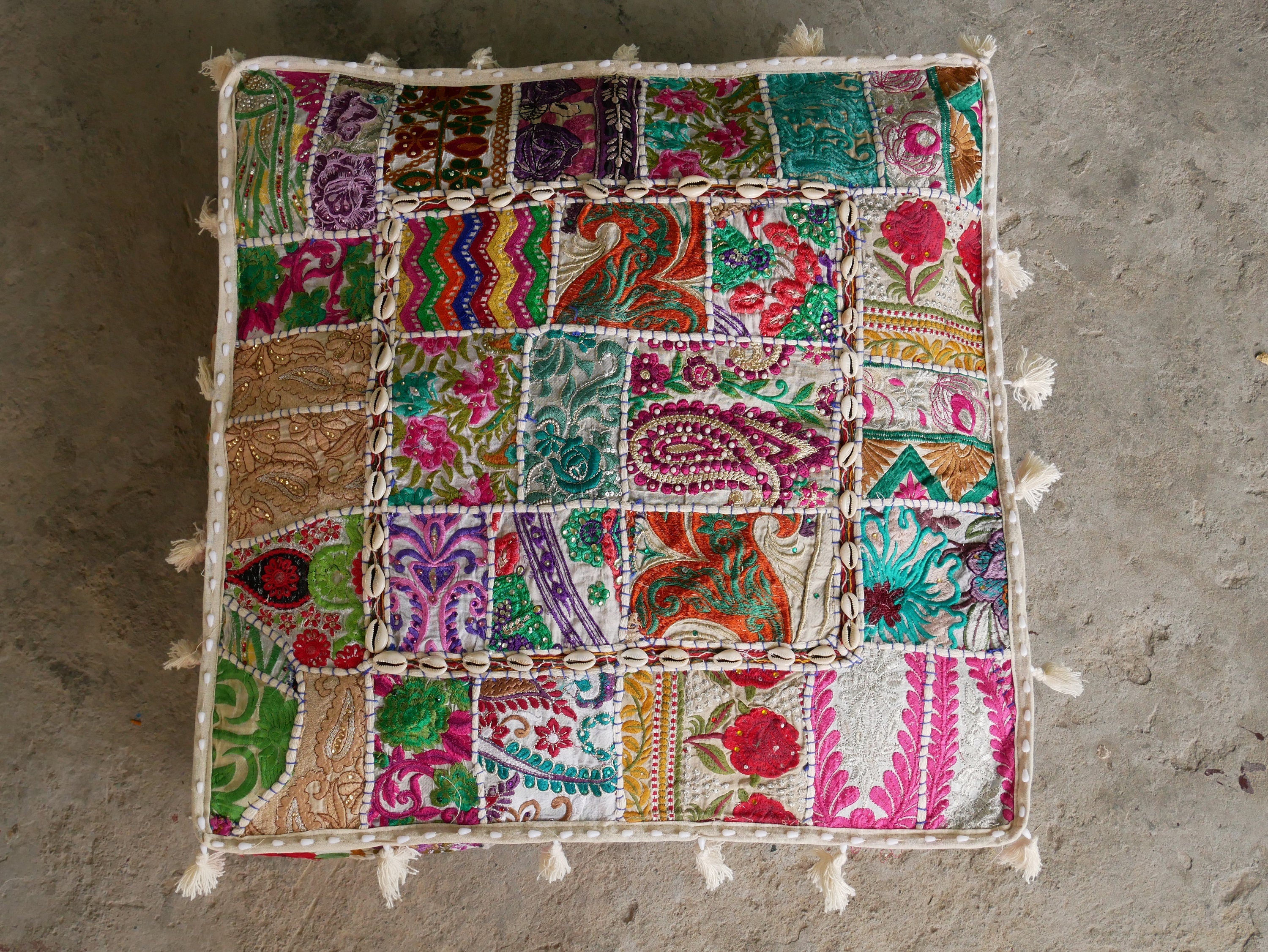 White patchwork floor cushion cover 24" large floor pillow cover - boho stlye floor seating - The Shanti Home
