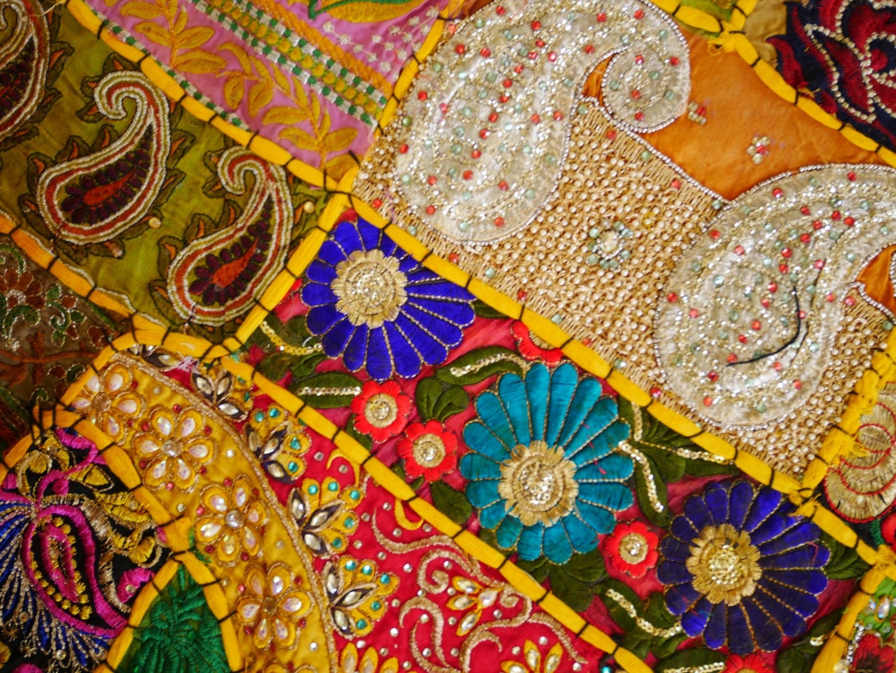 Yellow Patchwork wall tapestry - Indian hippie - boho style wall hanging - The Shanti Home