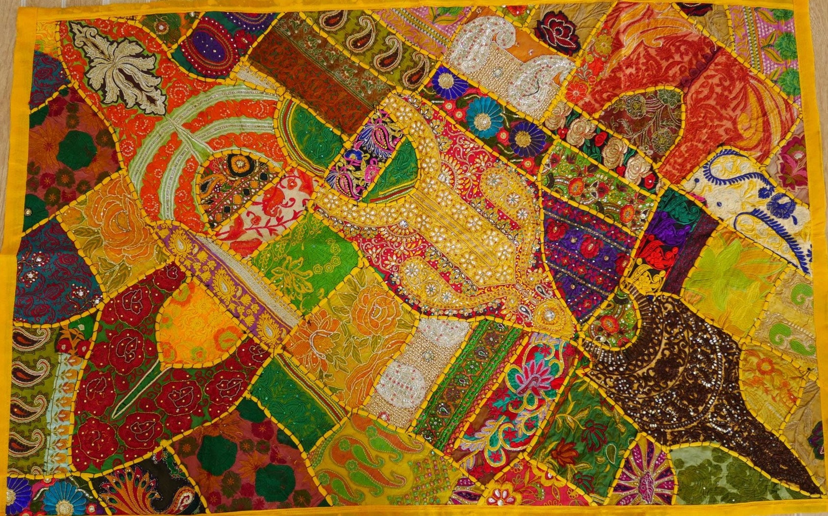 Yellow Patchwork wall tapestry - Indian hippie - boho style wall hanging - The Shanti Home
