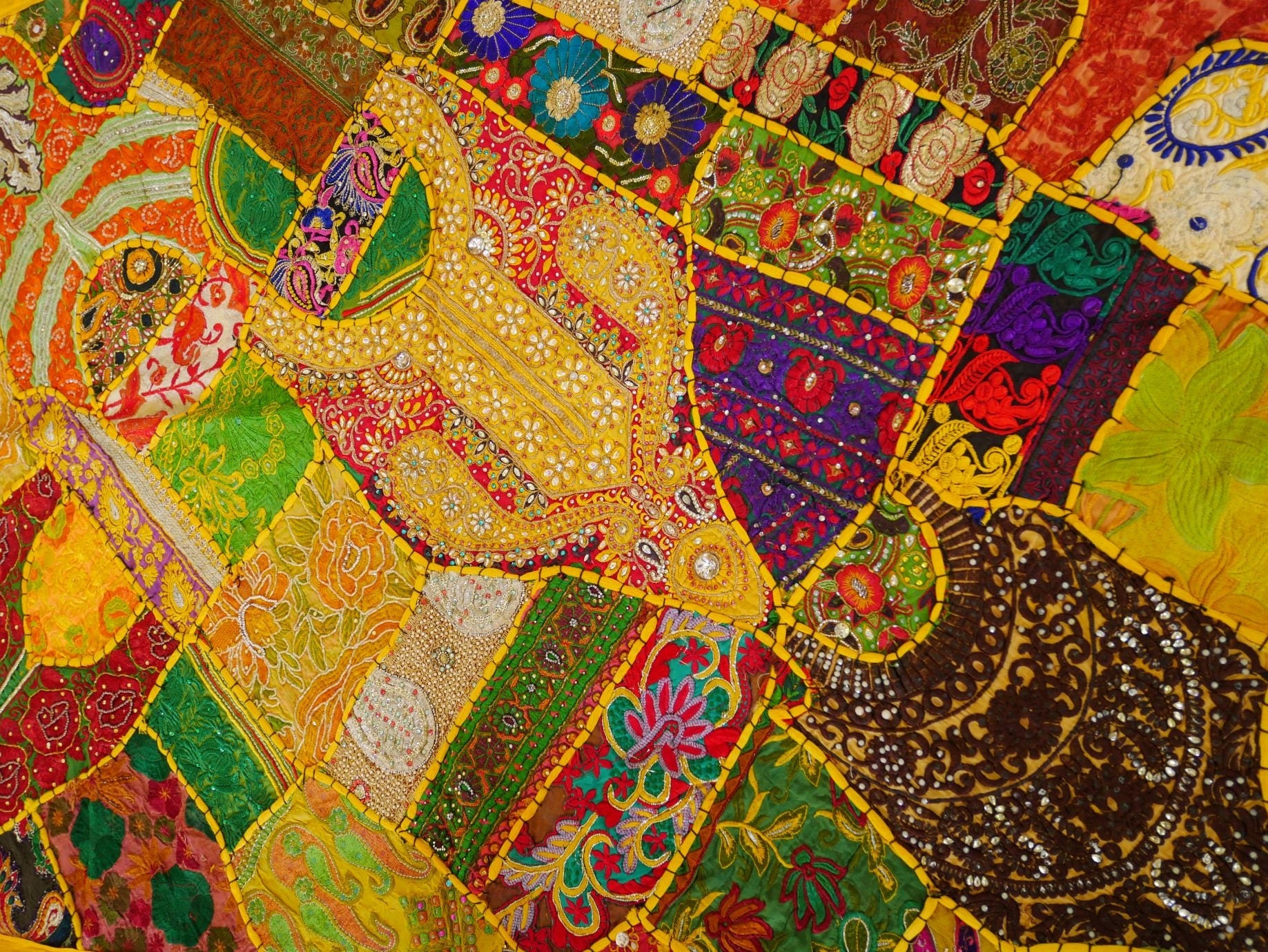 Yellow Patchwork wall tapestry - Indian hippie - boho style wall hanging - The Shanti Home