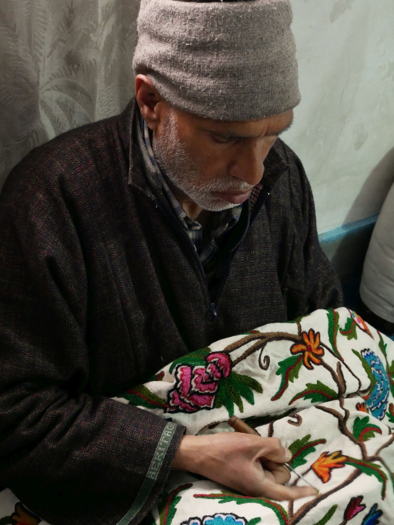 Kashmiri bedding - cotton and wool bed throw - elegant floral embroidery - The Shanti Home