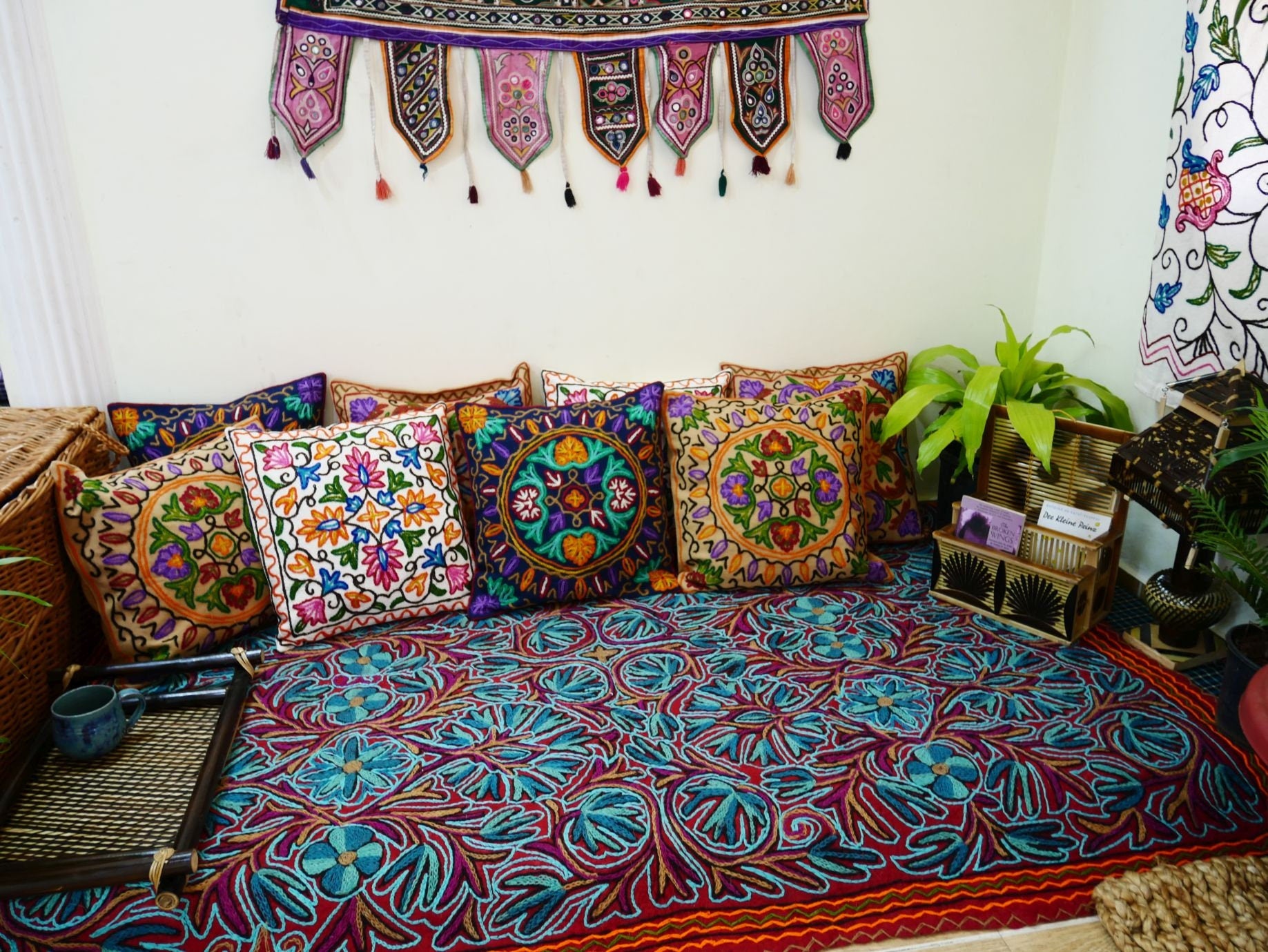 Kashmiri Namda rug 6x4 hand felted and emrboidered wool rug - The Shanti Home