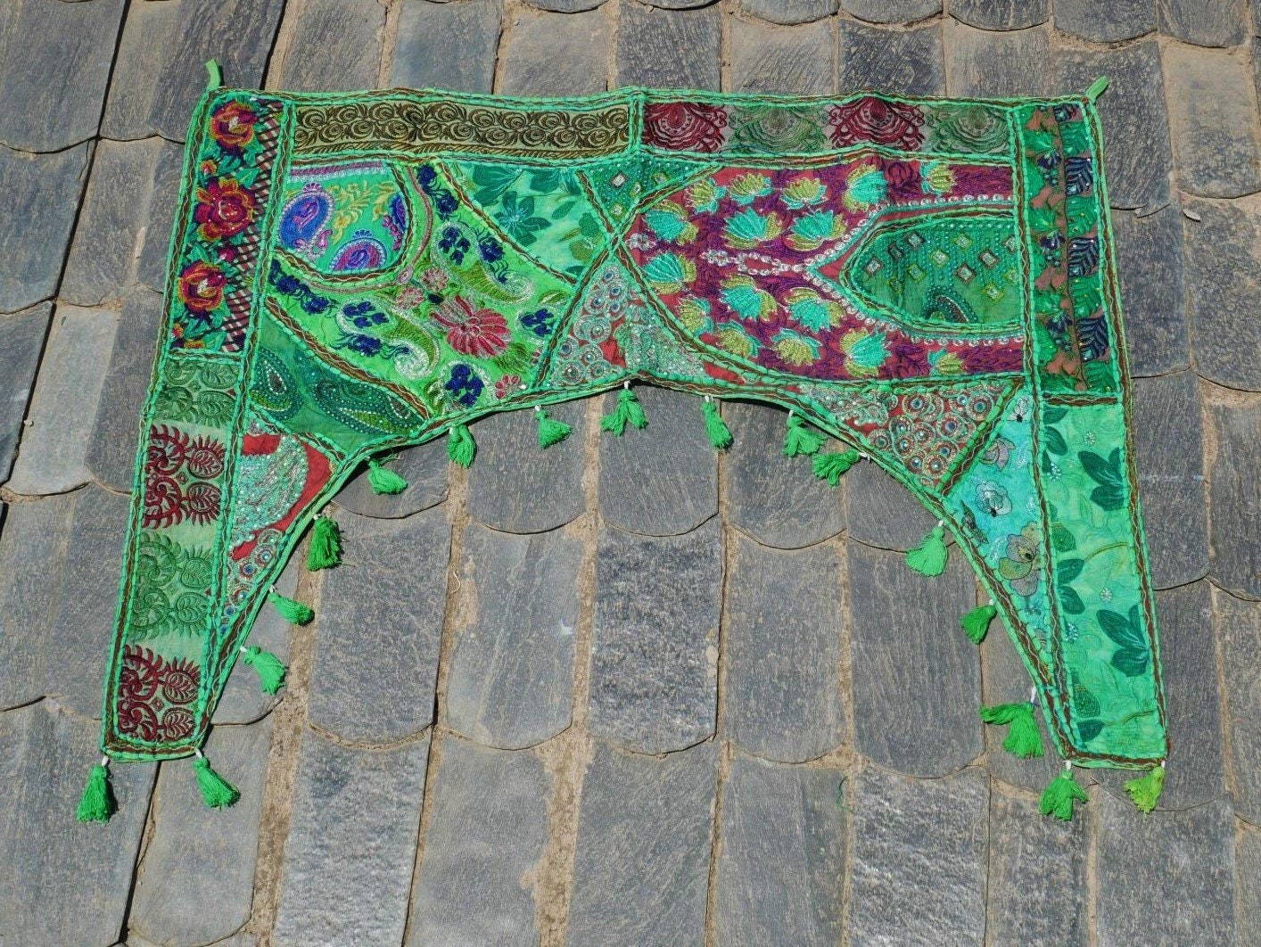 Indian door hanging - vintage saree Toran - entrance decor - green - The Shanti Home