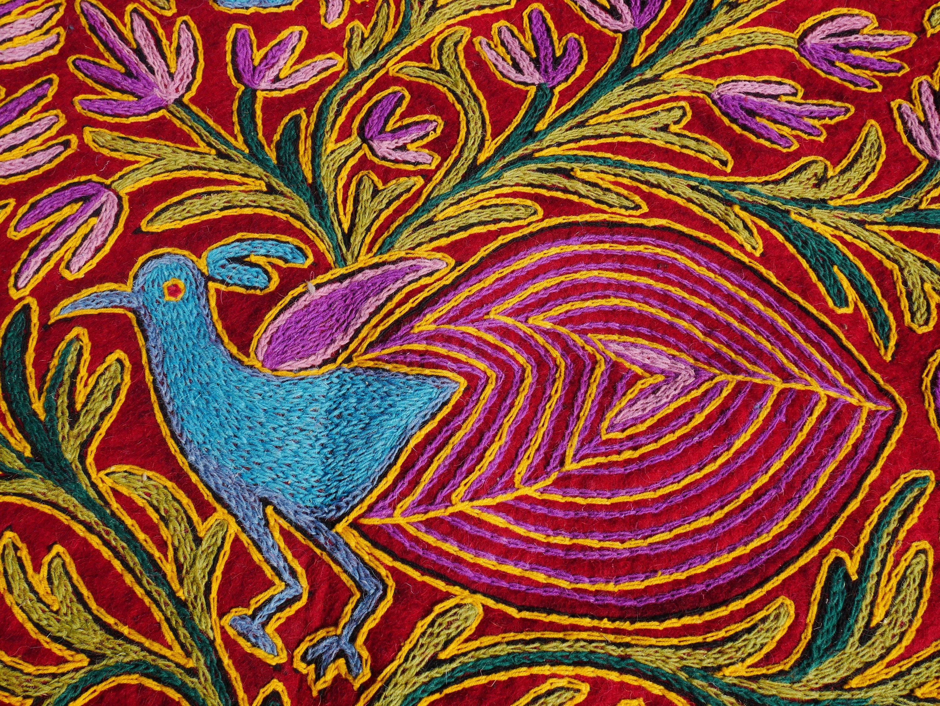 Wool area rug "Kashmir Garden" 6x4 | Flower and peacock embroidery hand felted Kashmiri "Namda" - The Shanti Home
