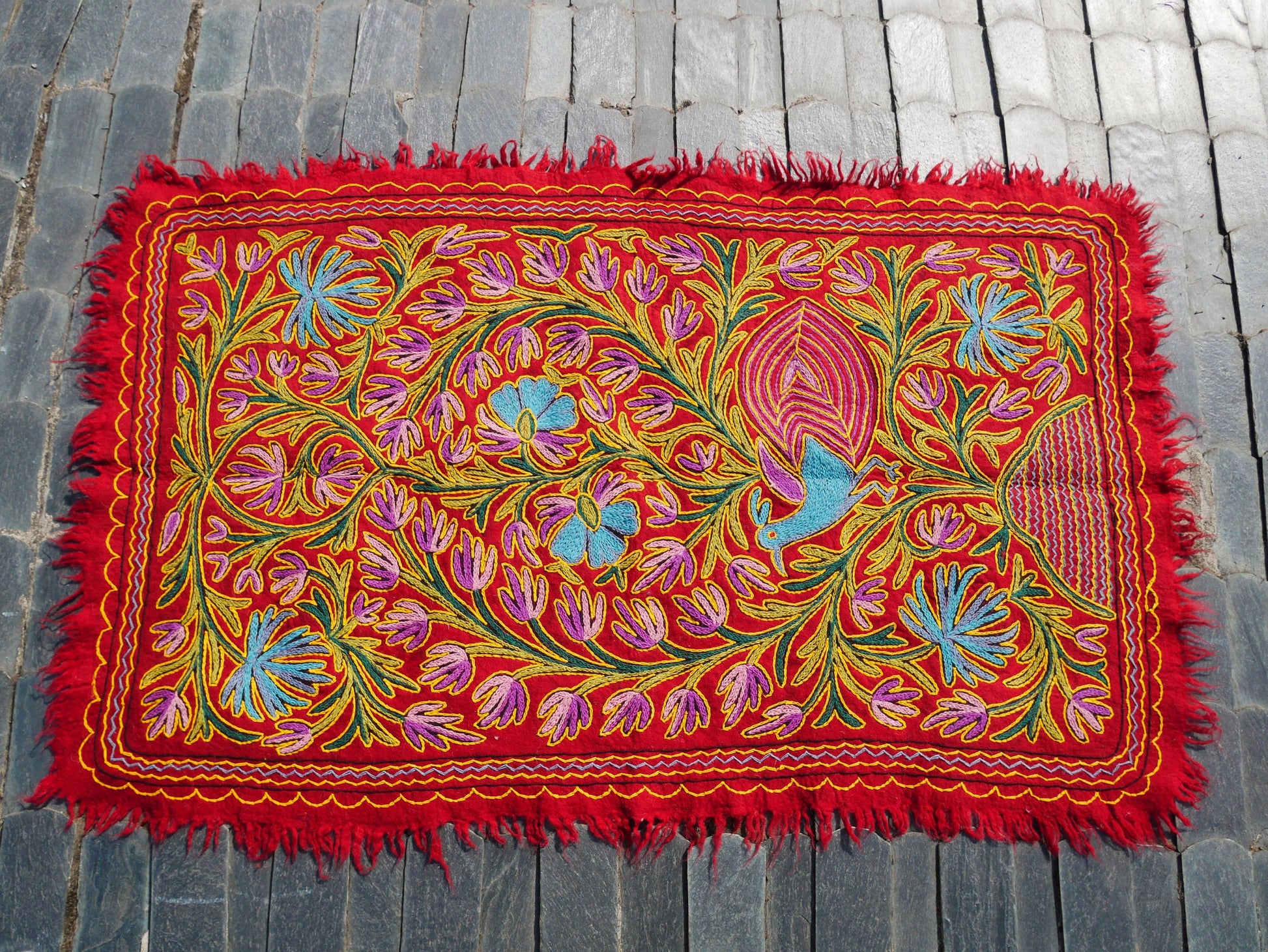 Wool area rug "Kashmir Garden" 6x4 | Flower and peacock embroidery hand felted Kashmiri "Namda" - The Shanti Home