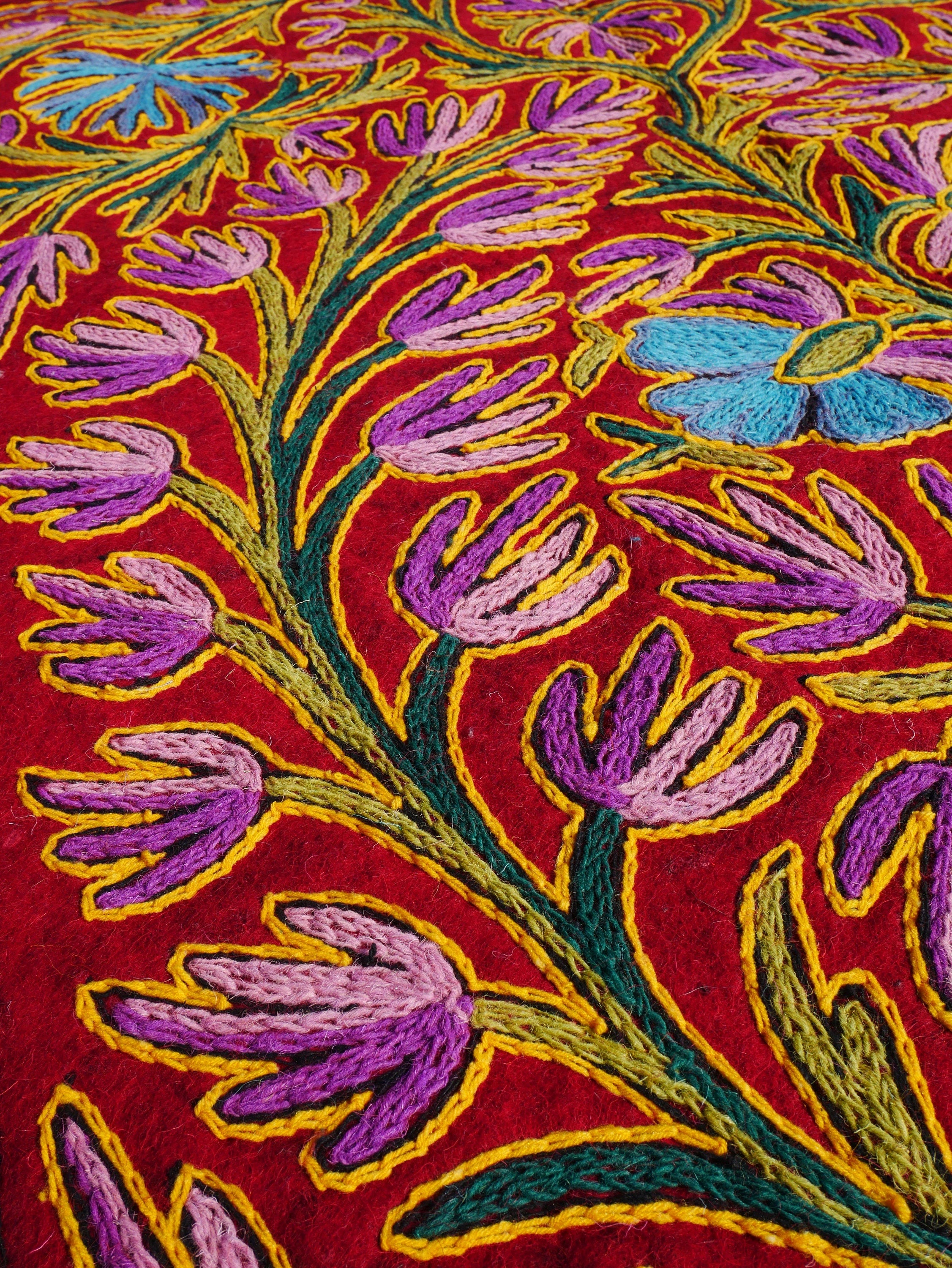 Wool area rug "Kashmir Garden" 6x4 | Flower and peacock embroidery hand felted Kashmiri "Namda" - The Shanti Home