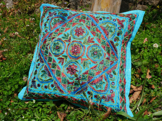 Embroidery pillow cover - turquoise throw pillow case