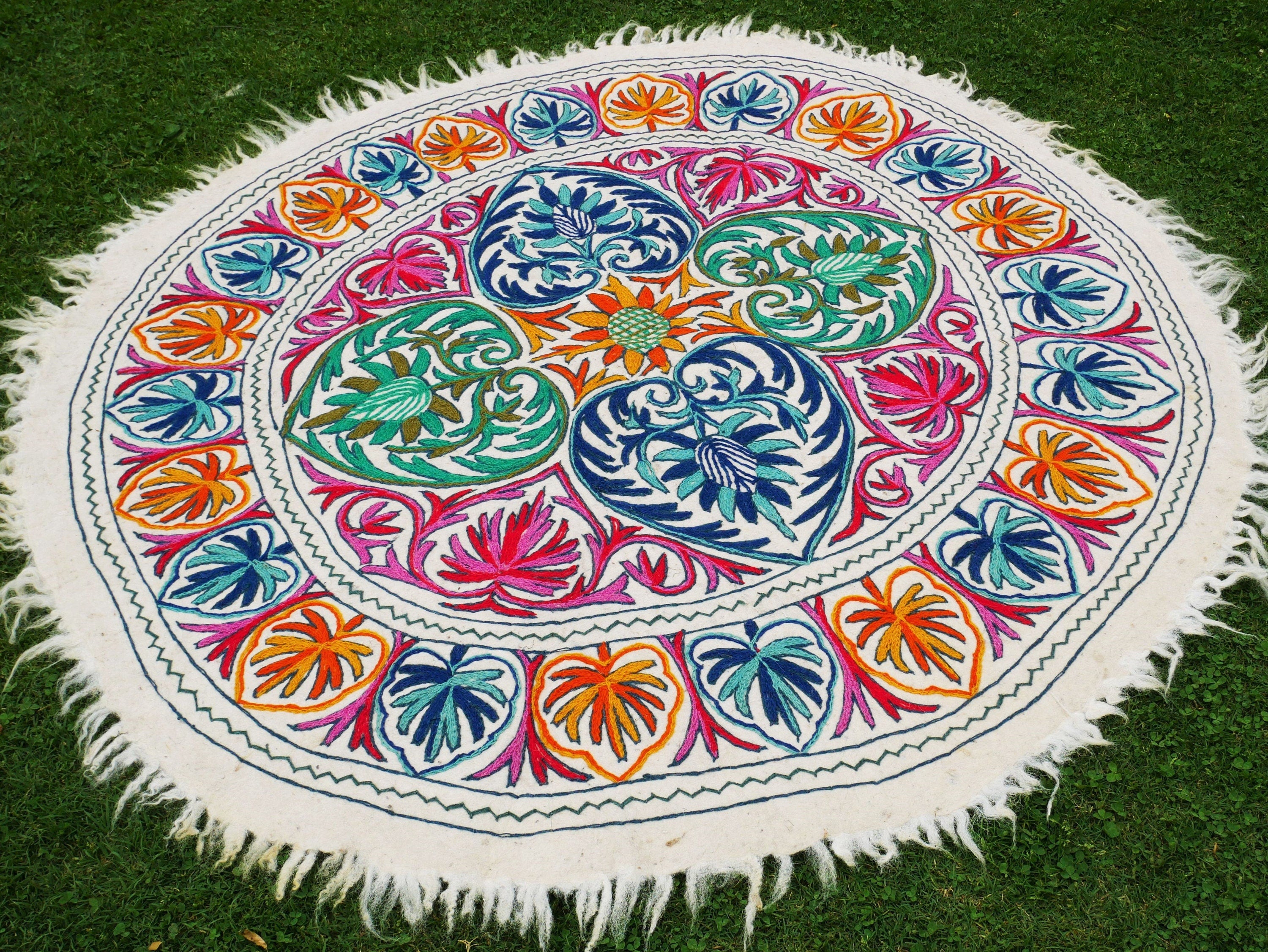 5ft Namda - boho wool rug | hand felted and embroidered - Kashmiri area rug - The Shanti Home