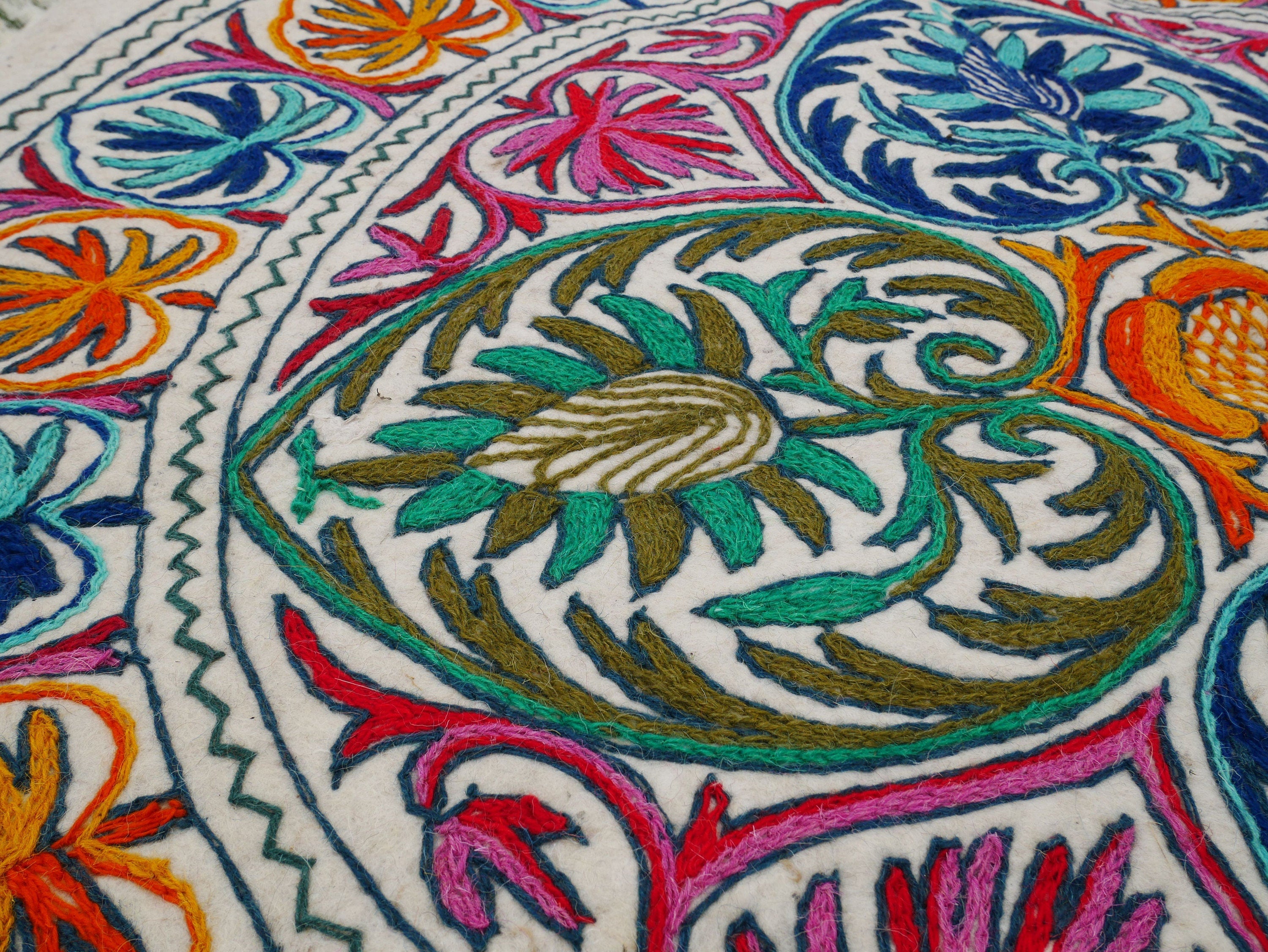 5ft Namda - boho wool rug | hand felted and embroidered - Kashmiri area rug - The Shanti Home