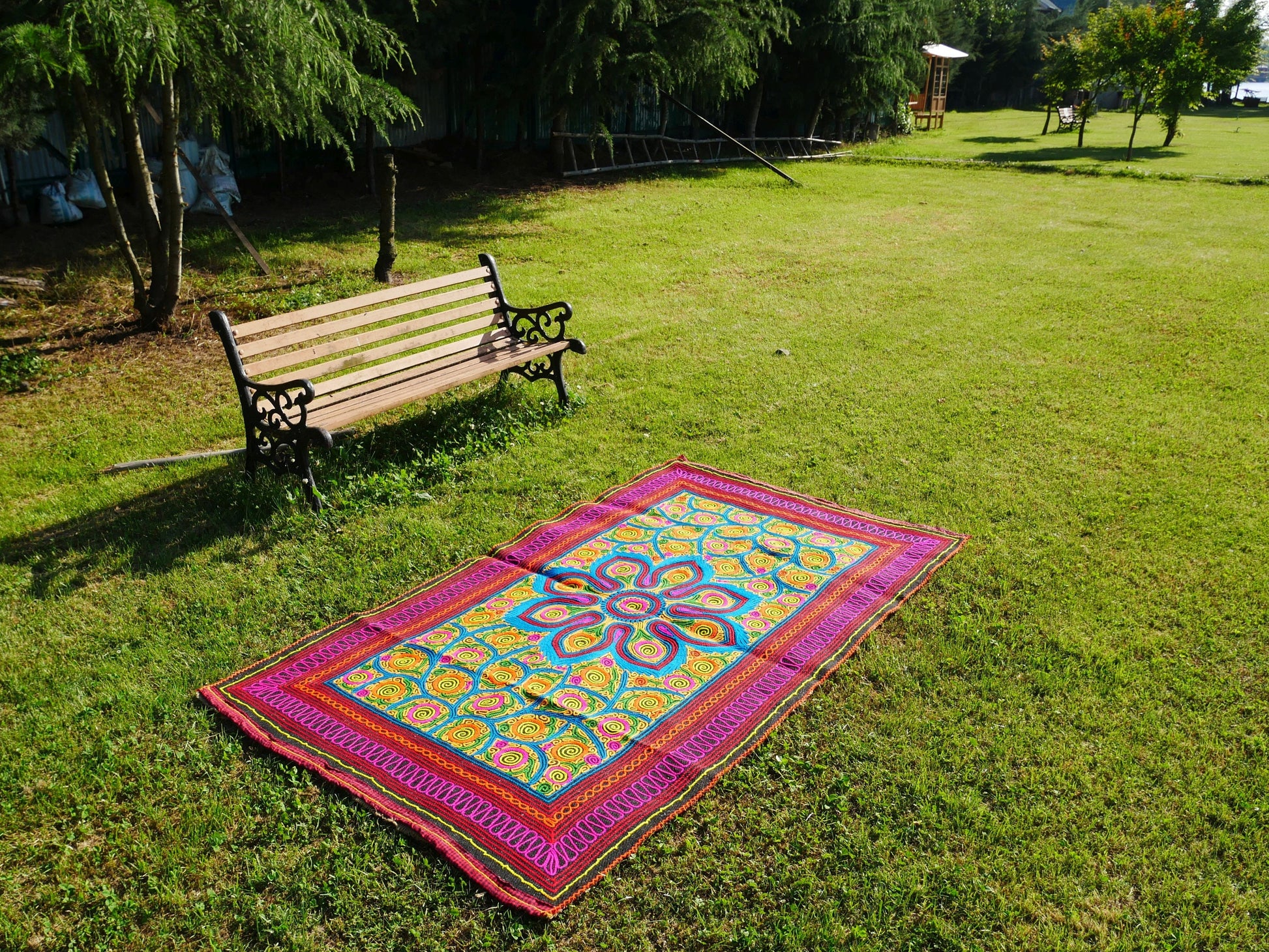 Vintage "Gabba" 4x7 wool rug mat - embroidery from Kashmir | meditation space rug - wall tapestry - The Shanti Home