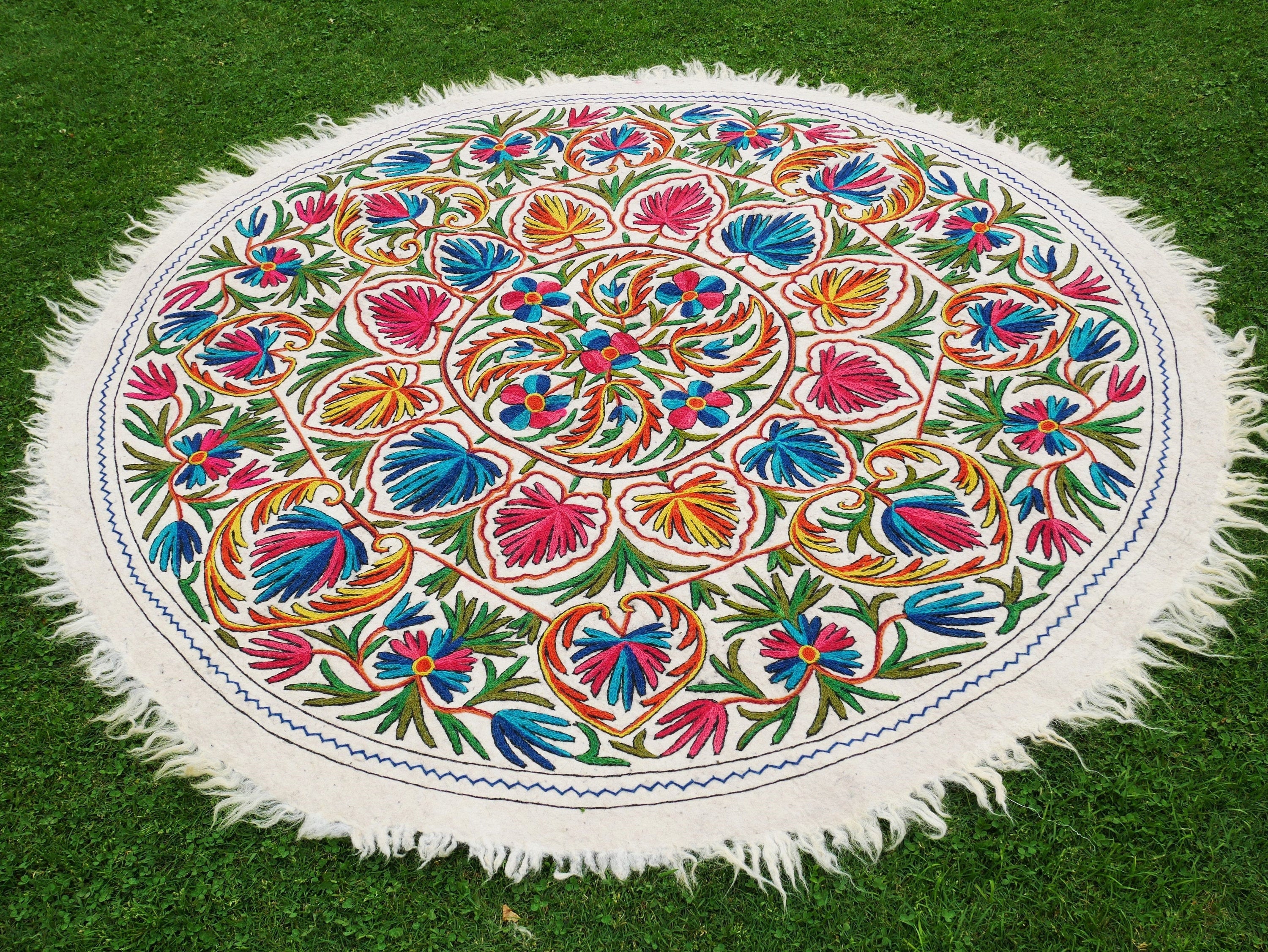 Round area rug - mandala rug 6ft | Kashmiri "Namda" traditional hand felted wool rug | persian floral design | colorful bohemian style - The Shanti Home