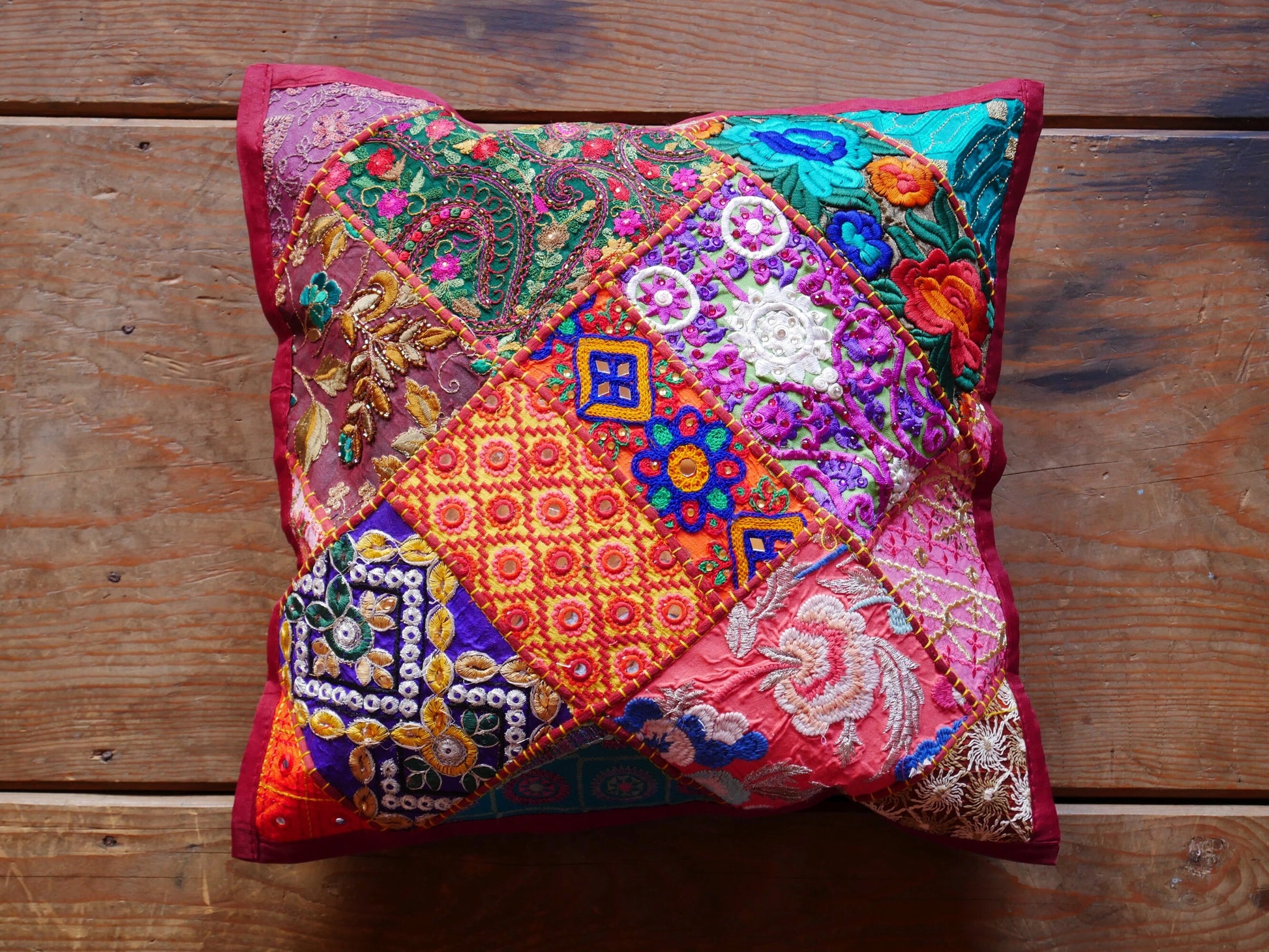 Red Patchwork pillow cover - bohemian throw pillow -  saree embroidery - The Shanti Home