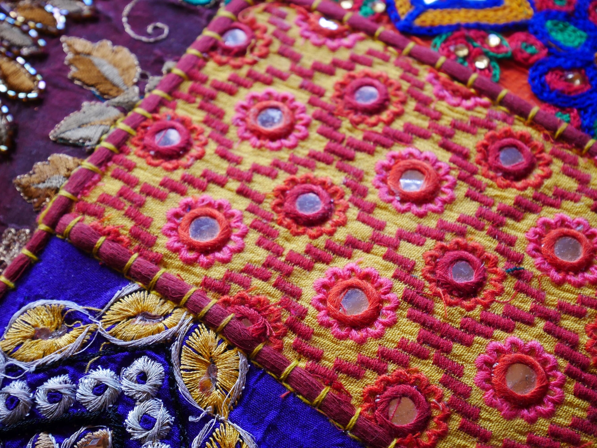 Red Patchwork pillow cover - bohemian throw pillow -  saree embroidery - The Shanti Home