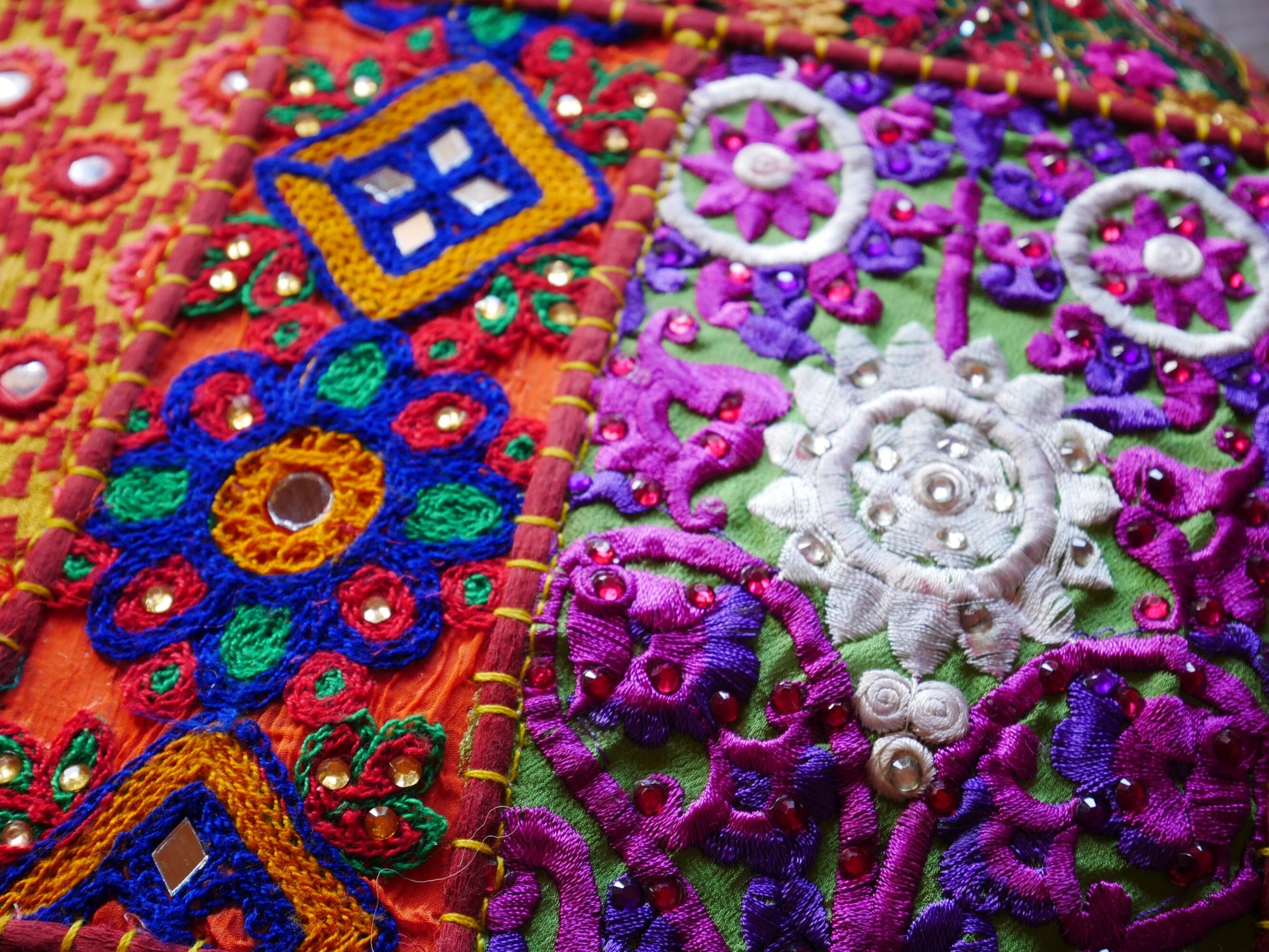 Red Patchwork pillow cover - bohemian throw pillow -  saree embroidery - The Shanti Home