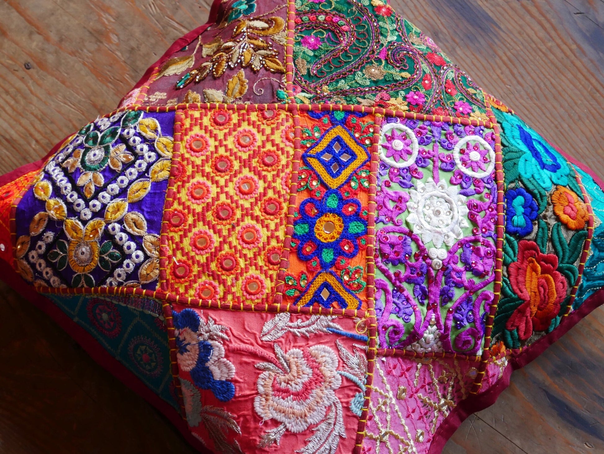Red Patchwork pillow cover - bohemian throw pillow -  saree embroidery - The Shanti Home