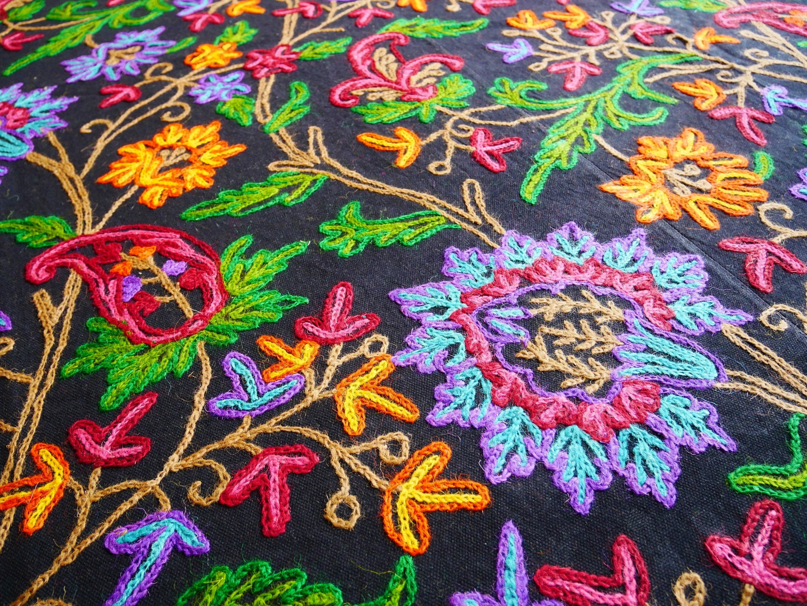 Boho bedding "Dream of Kashmir" luxury bed cover - hand embroidered queen bedspread - black cotton, floral embroidery -  bohemian throw - The Shanti Home