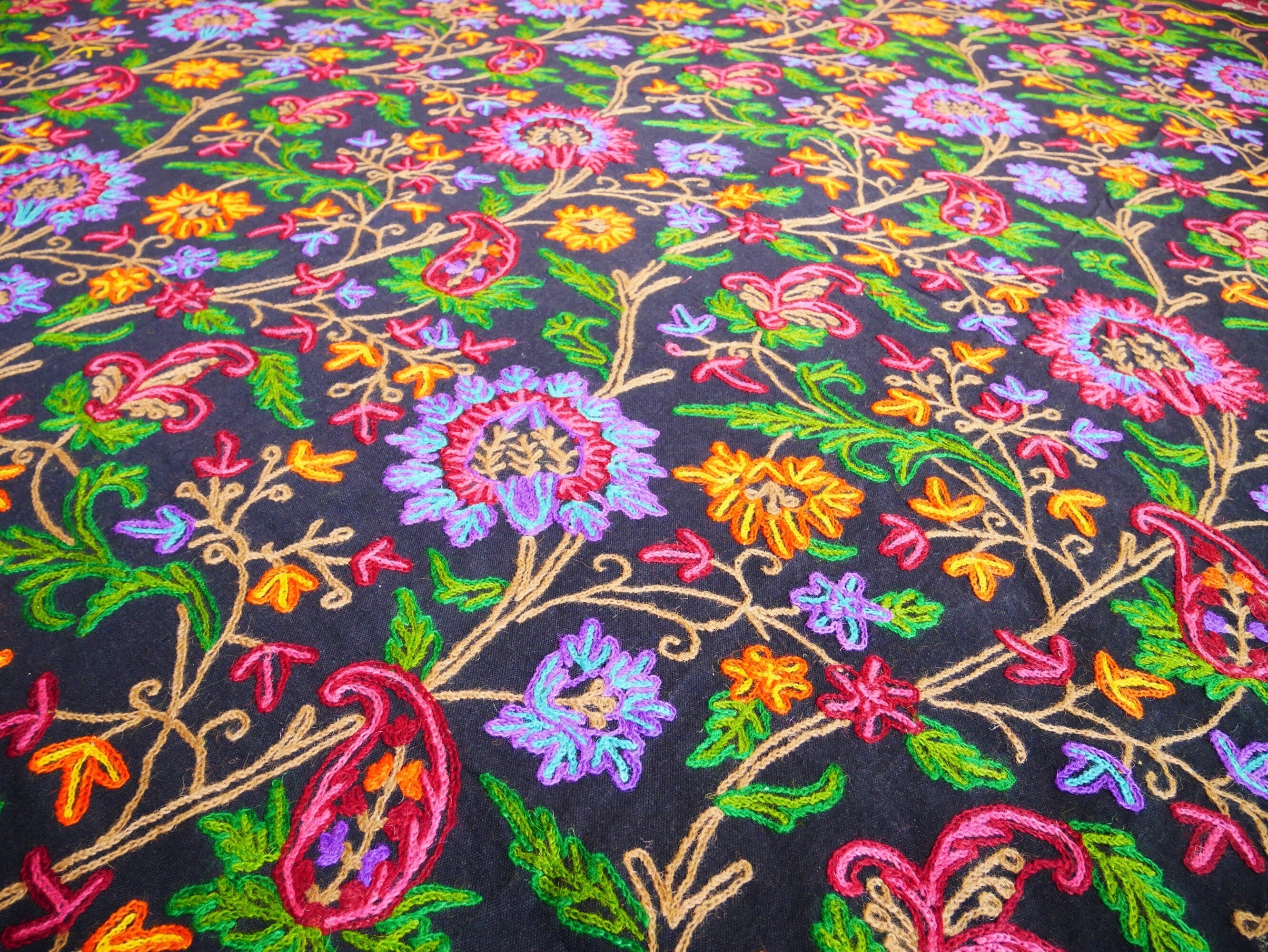 Boho bedding "Dream of Kashmir" luxury bed cover - hand embroidered queen bedspread - black cotton, floral embroidery -  bohemian throw - The Shanti Home