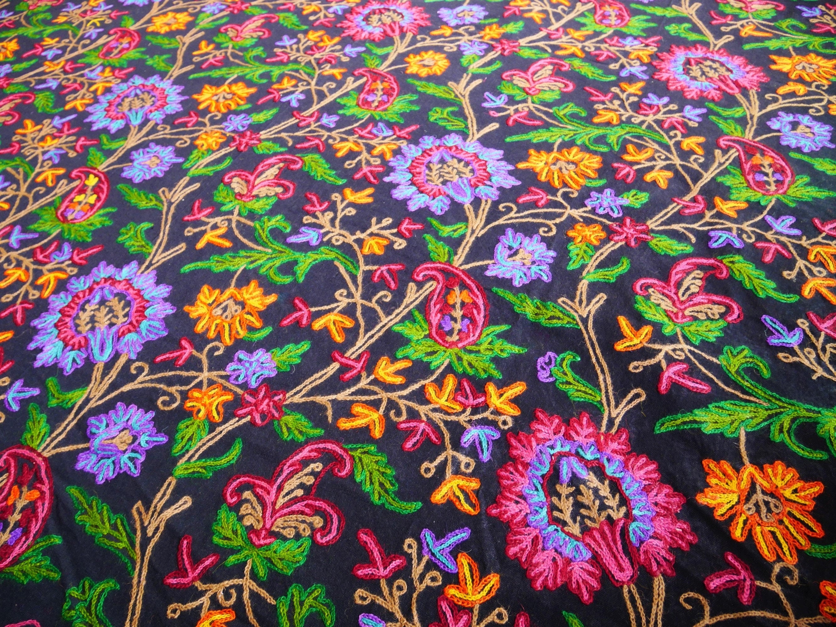 Boho bedding "Dream of Kashmir" luxury bed cover - hand embroidered queen bedspread - black cotton, floral embroidery -  bohemian throw - The Shanti Home