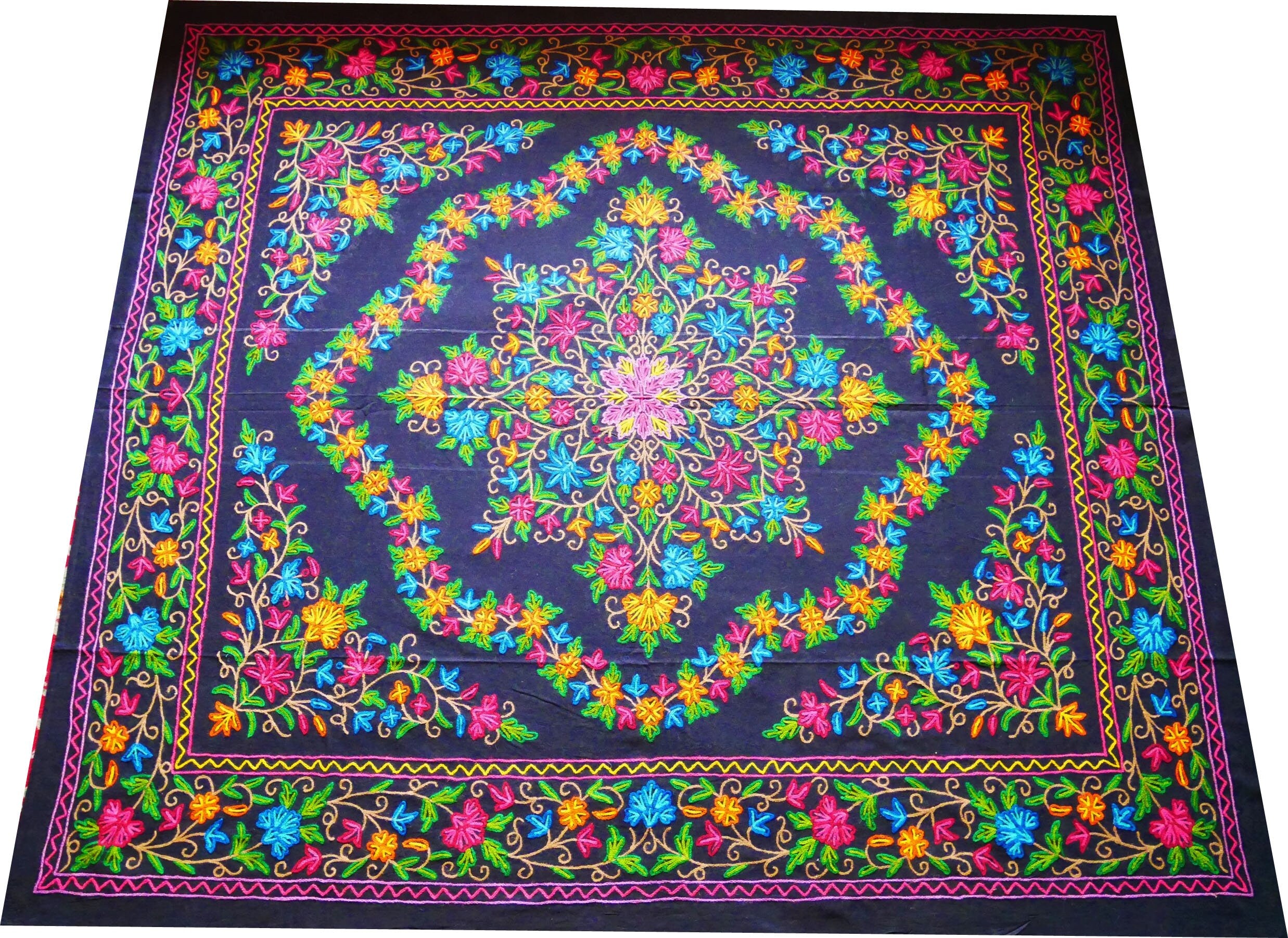 Boho bedding "Shanti Garden" luxury bed cover - hand embroidered queen bedspread - black cotton, floral embroidery -  bohemian throw - The Shanti Home