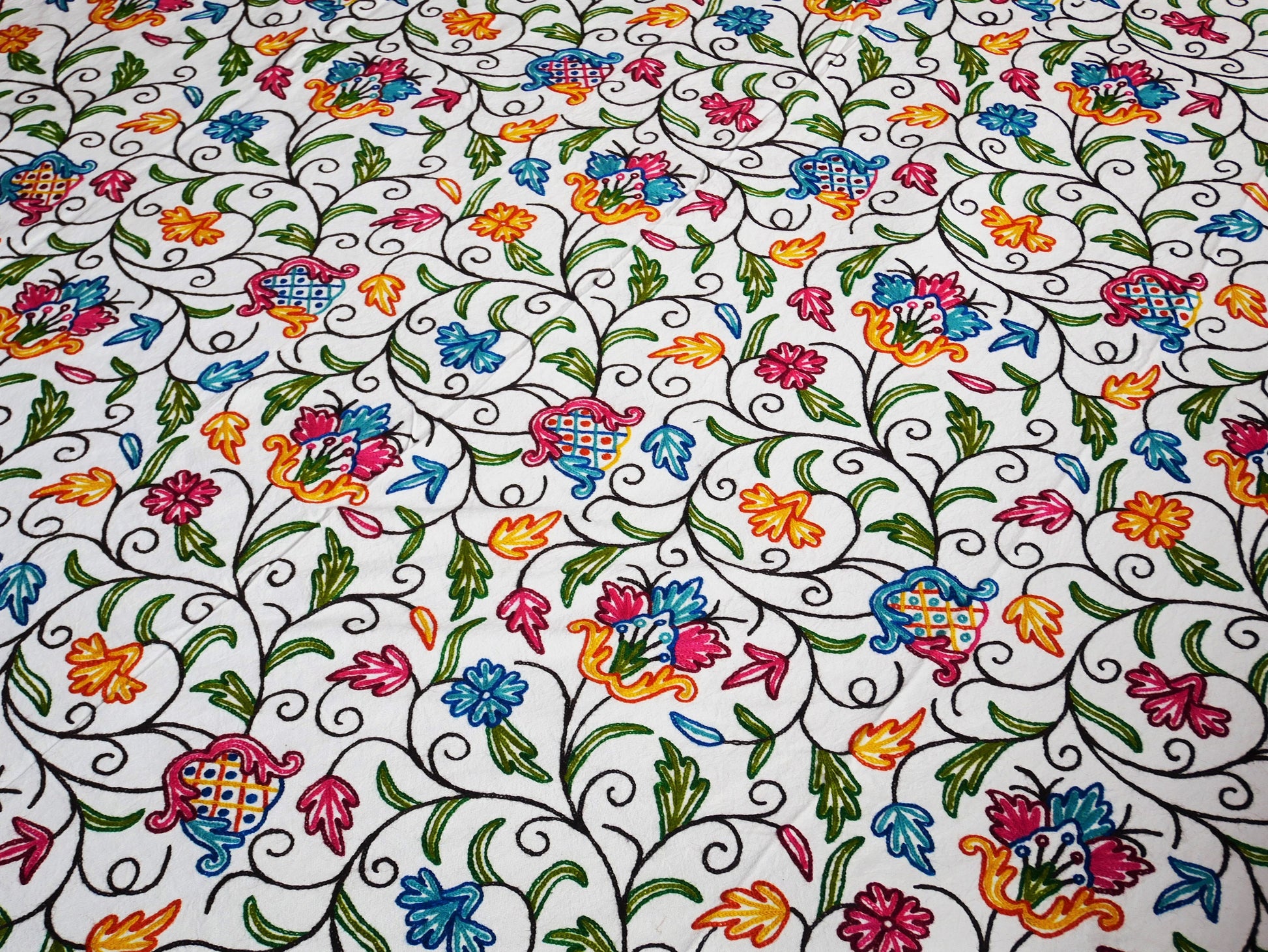 Bohemian bedding - luxury Indian bed throw | Kashmir Crewel embroidery - colorful bedspread, floral design - The Shanti Home