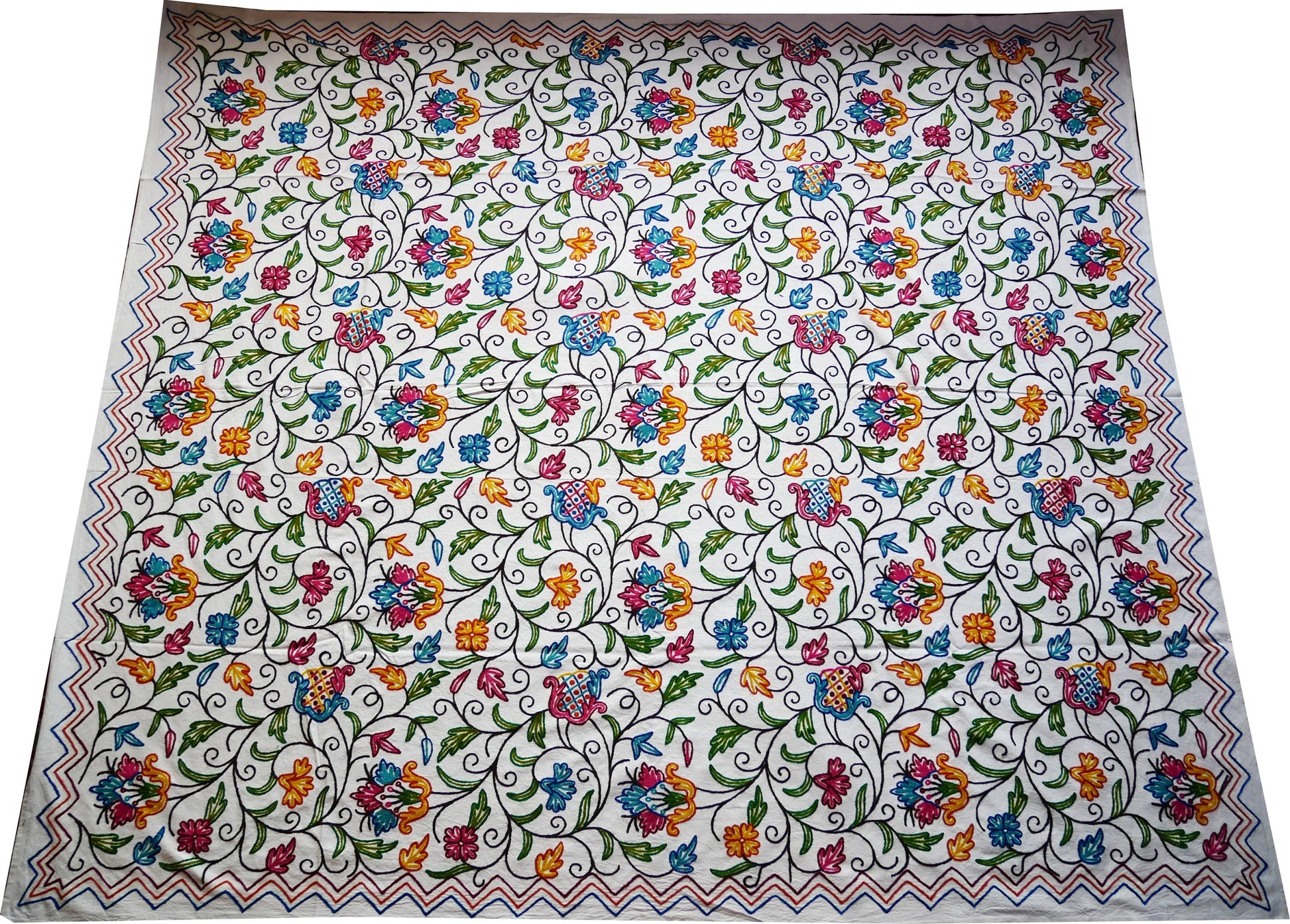 Bohemian bedding - luxury Indian bed throw | Kashmir Crewel embroidery - colorful bedspread, floral design - The Shanti Home