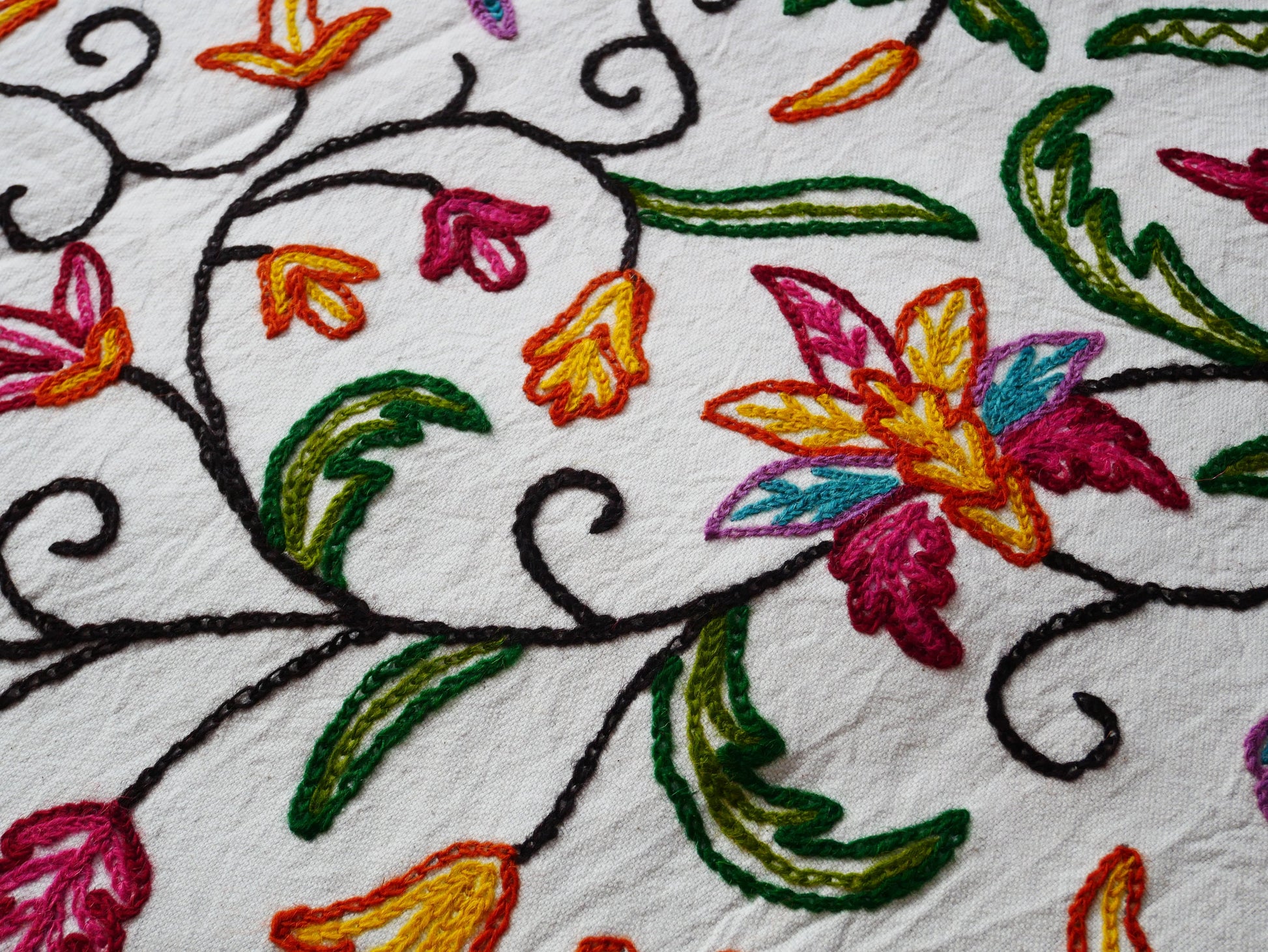 Hand embroidered Kashmiri bedspread - colorful crewel embroidery - large boho bed throw - The Shanti Home