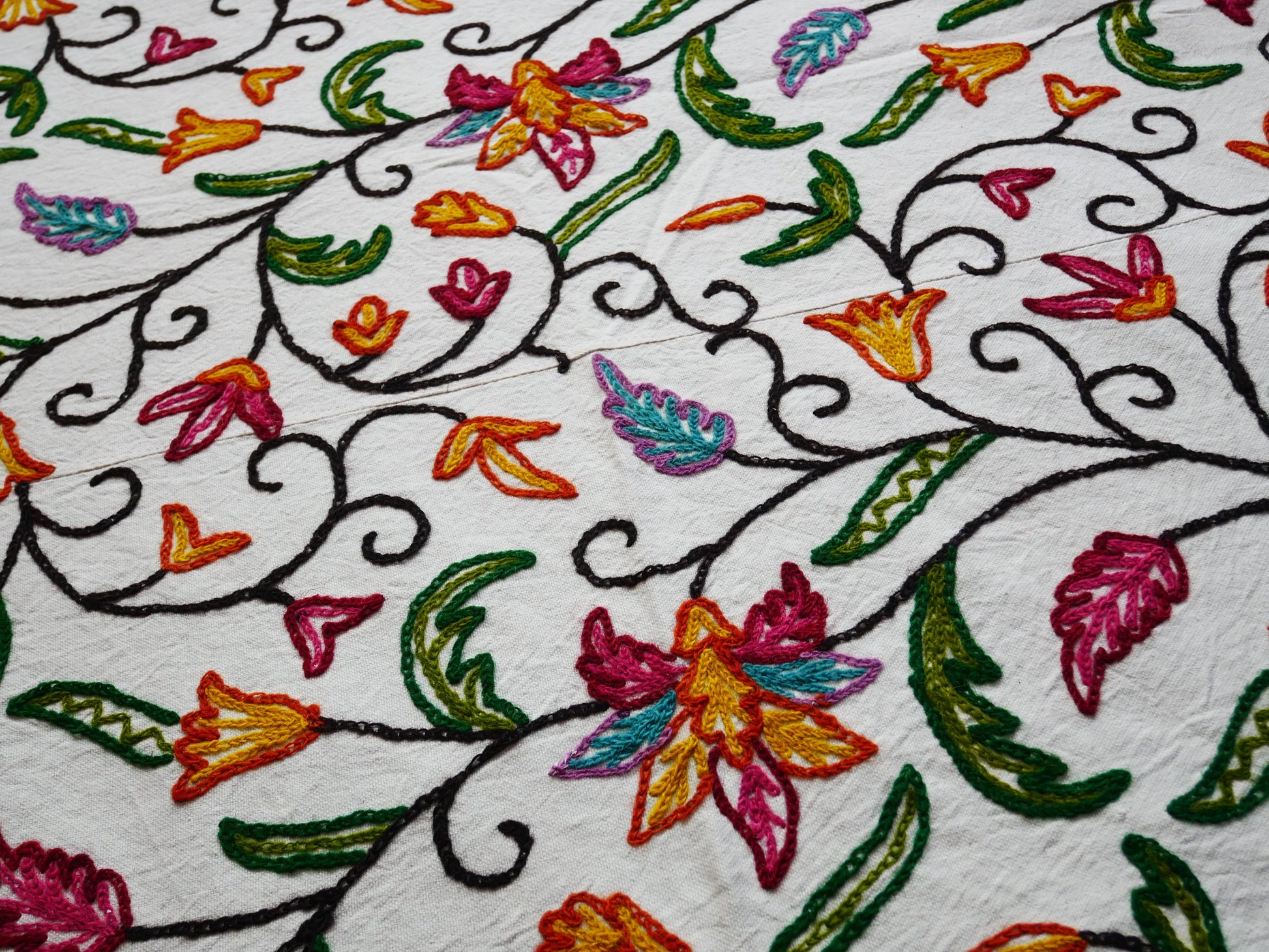 Hand embroidered Kashmiri bedspread - colorful crewel embroidery - large boho bed throw - The Shanti Home