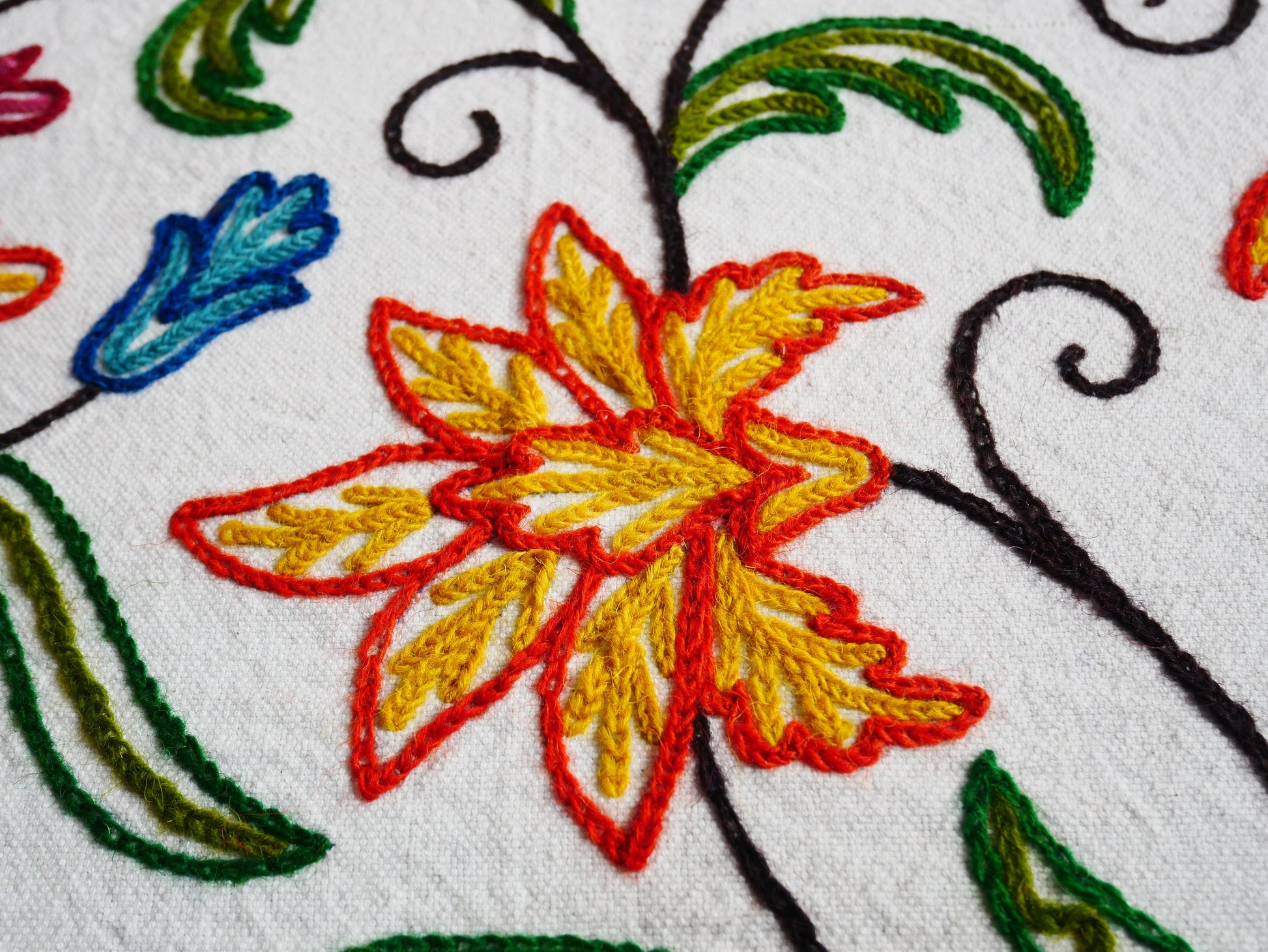 Bohemian bedspread - luxury Indian bedding | Kashmir Crewel embroidery - colorful bed throw, floral design - The Shanti Home
