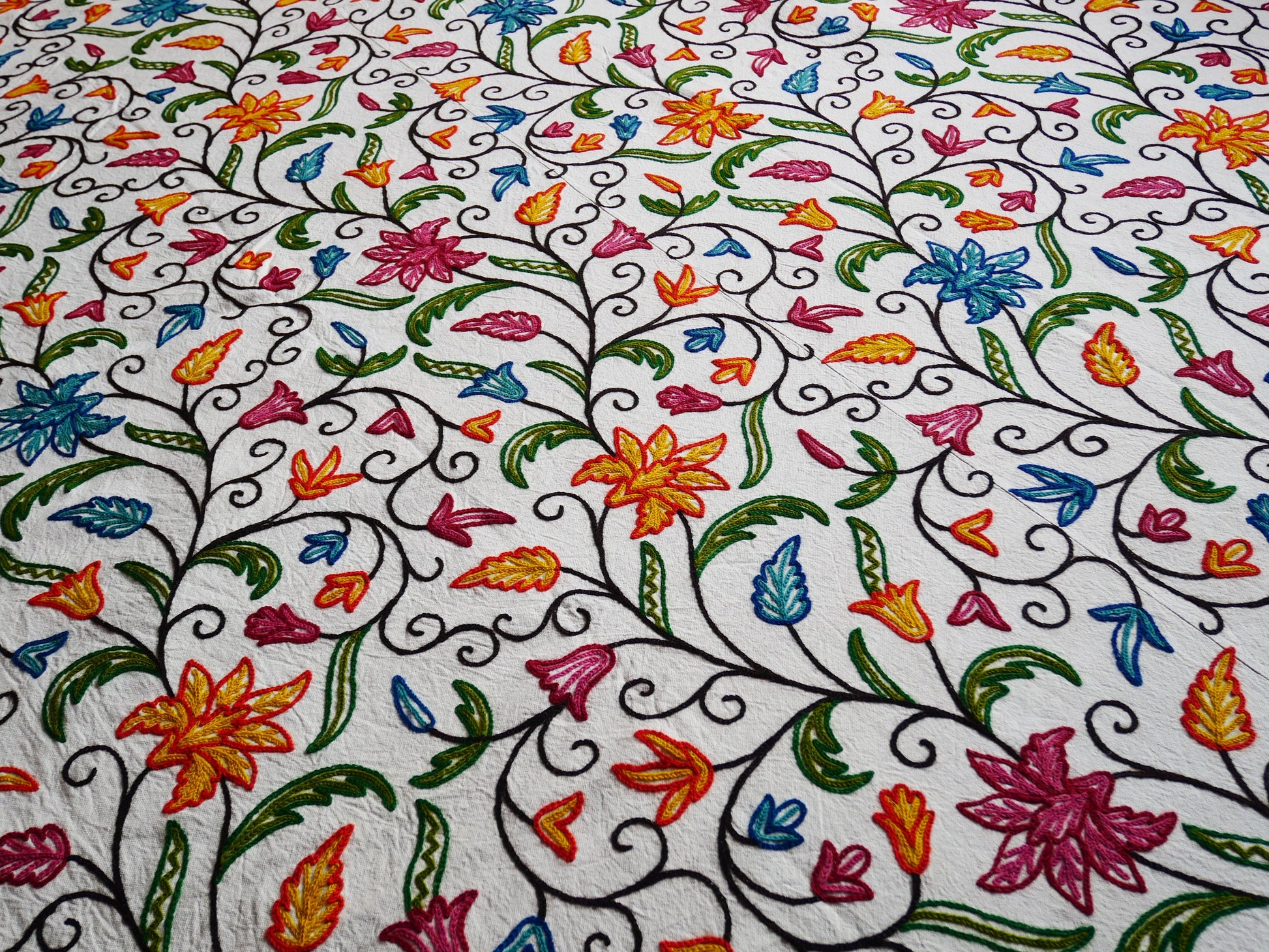 Bohemian bedspread - luxury Indian bedding | Kashmir Crewel embroidery - colorful bed throw, floral design - The Shanti Home