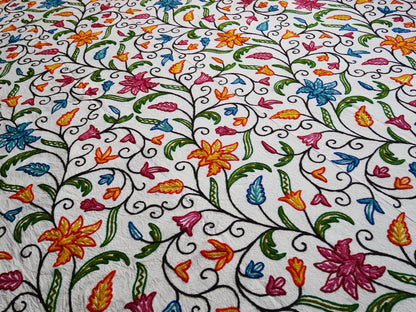 Bohemian bedspread - luxury Indian bedding | Kashmir Crewel embroidery - colorful bed throw, floral design - The Shanti Home