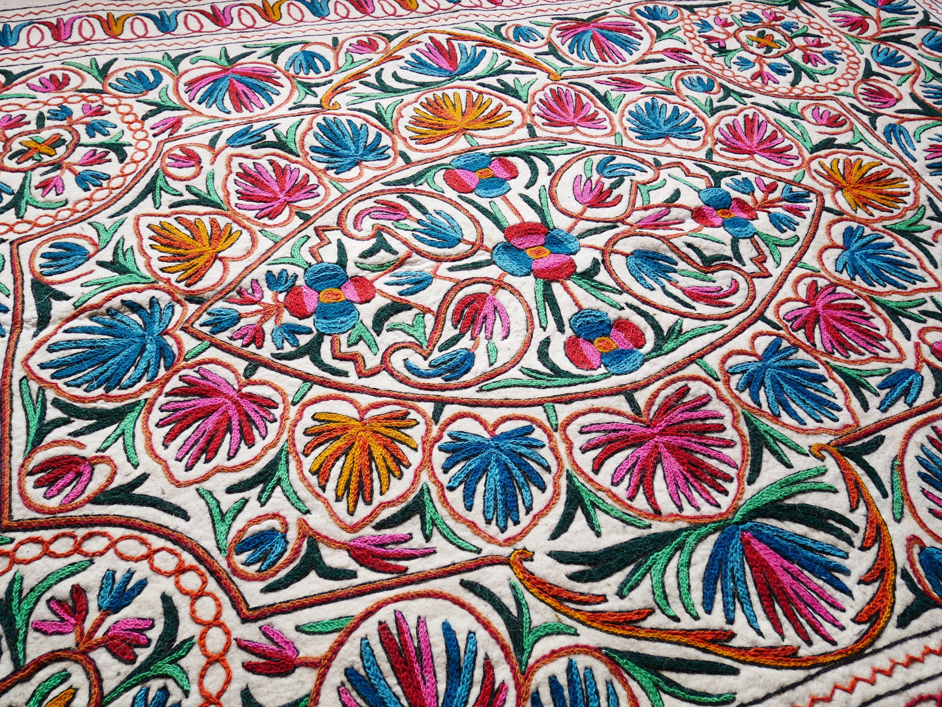 Large wool rug - Mandala rug 9x6' | boho area rug - traditional Namda from Kashmir | felted wool rug handmade embroidery - The Shanti Home