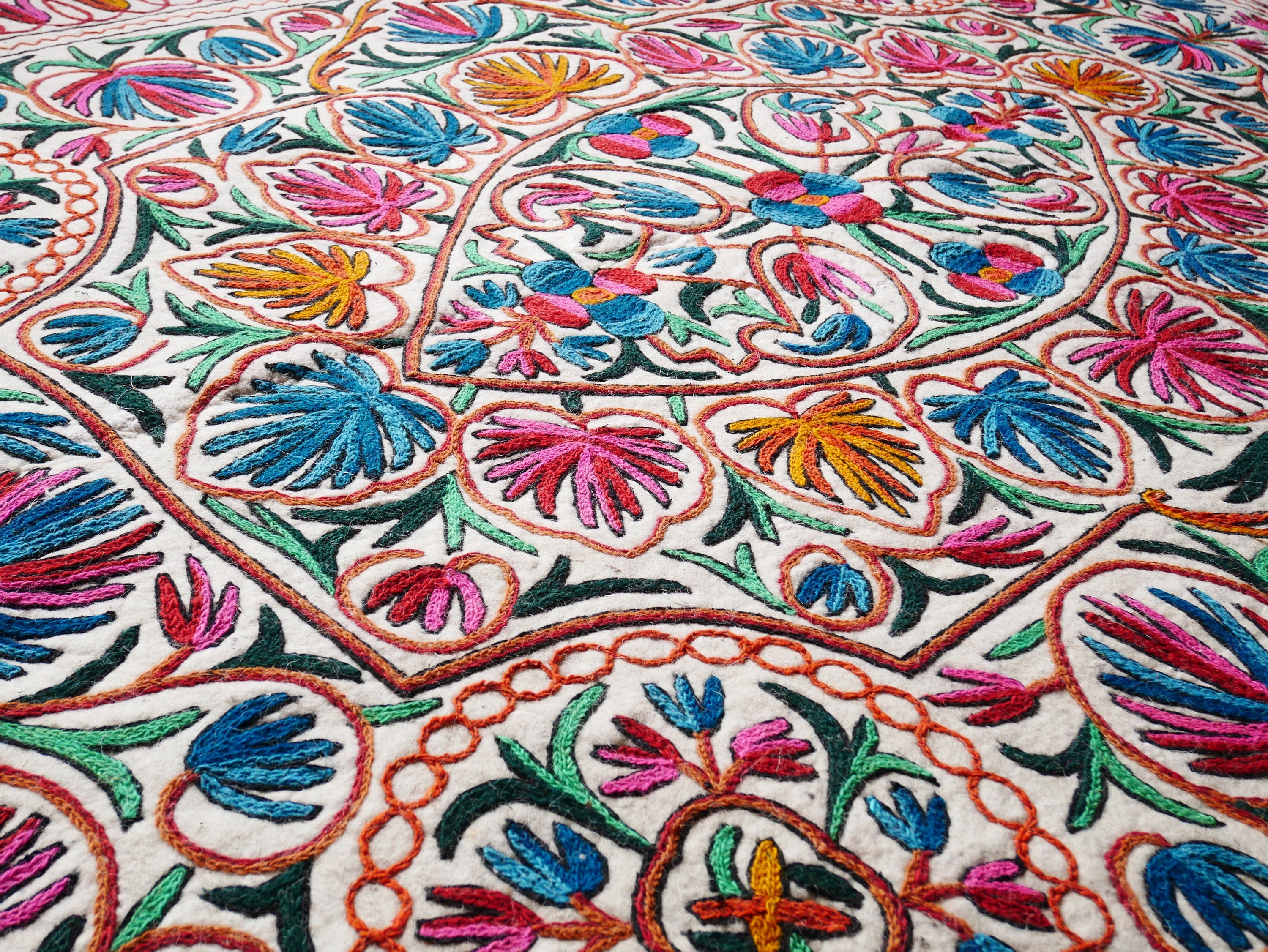 Large wool rug - Mandala rug 9x6' | boho area rug - traditional Namda from Kashmir | felted wool rug handmade embroidery - The Shanti Home