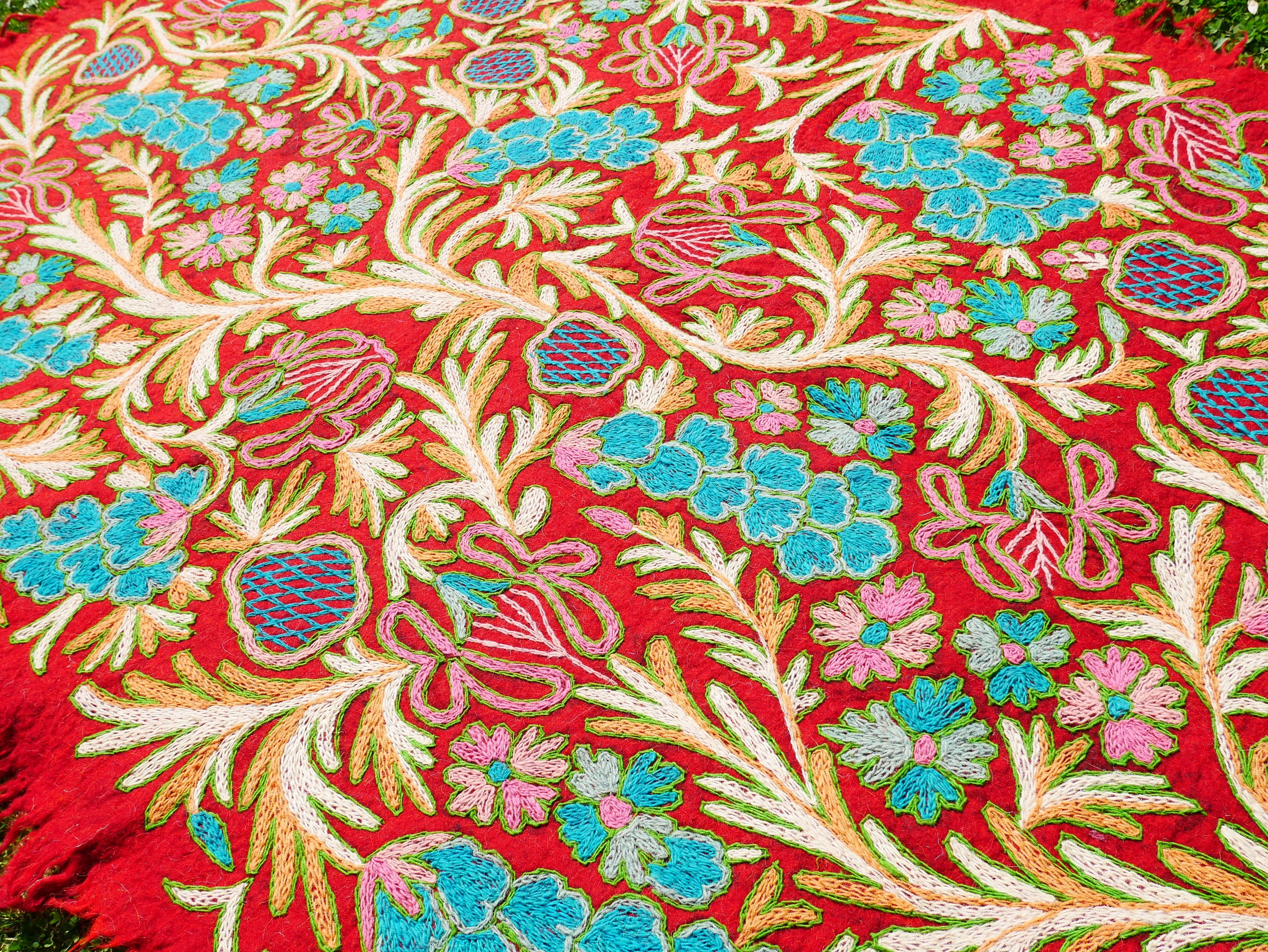 Boho wool rug - handmade traditional Namda from Kashmir | hand felted, embroidered 6x4 bohemian bedroom rug - colorful floral rug - The Shanti Home