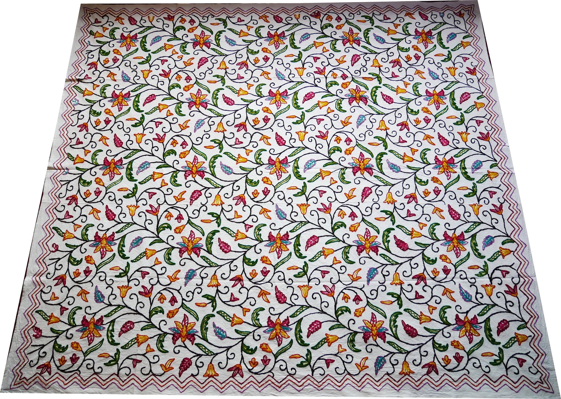 Hand embroidered Kashmiri bedspread - colorful crewel embroidery - large boho bed throw - The Shanti Home