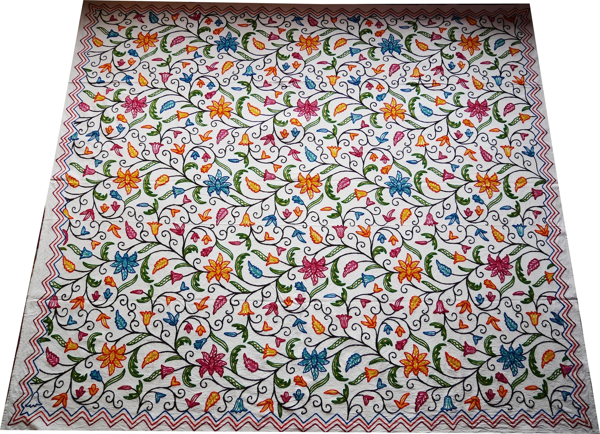 Bohemian bedspread - luxury Indian bedding | Kashmir Crewel embroidery - colorful bed throw, floral design - The Shanti Home