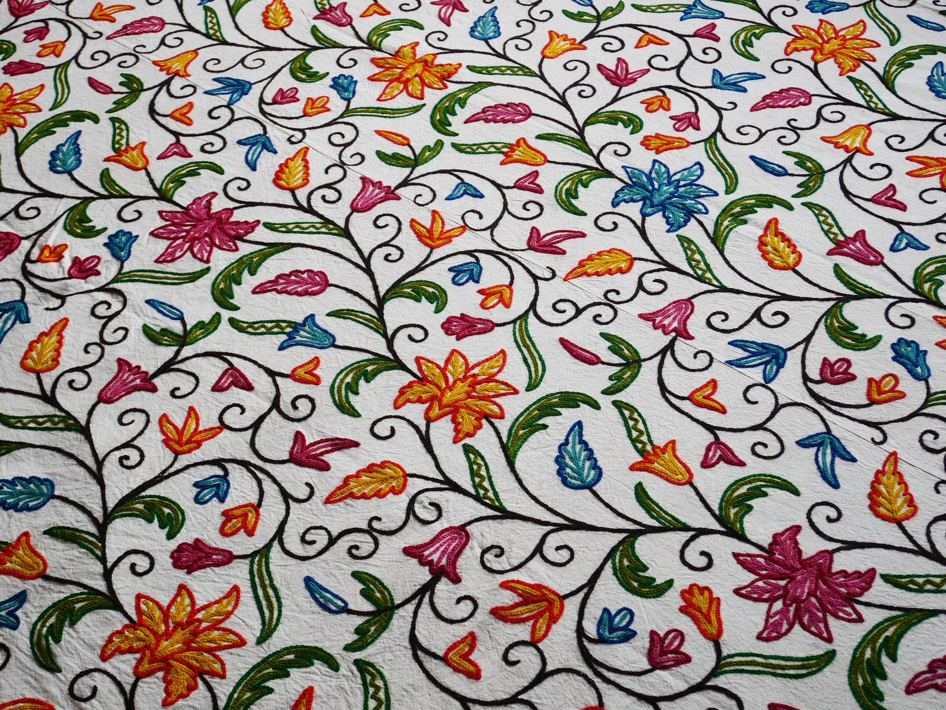 Bohemian bedspread - luxury Indian bedding | Kashmir Crewel embroidery - colorful bed throw, floral design - The Shanti Home
