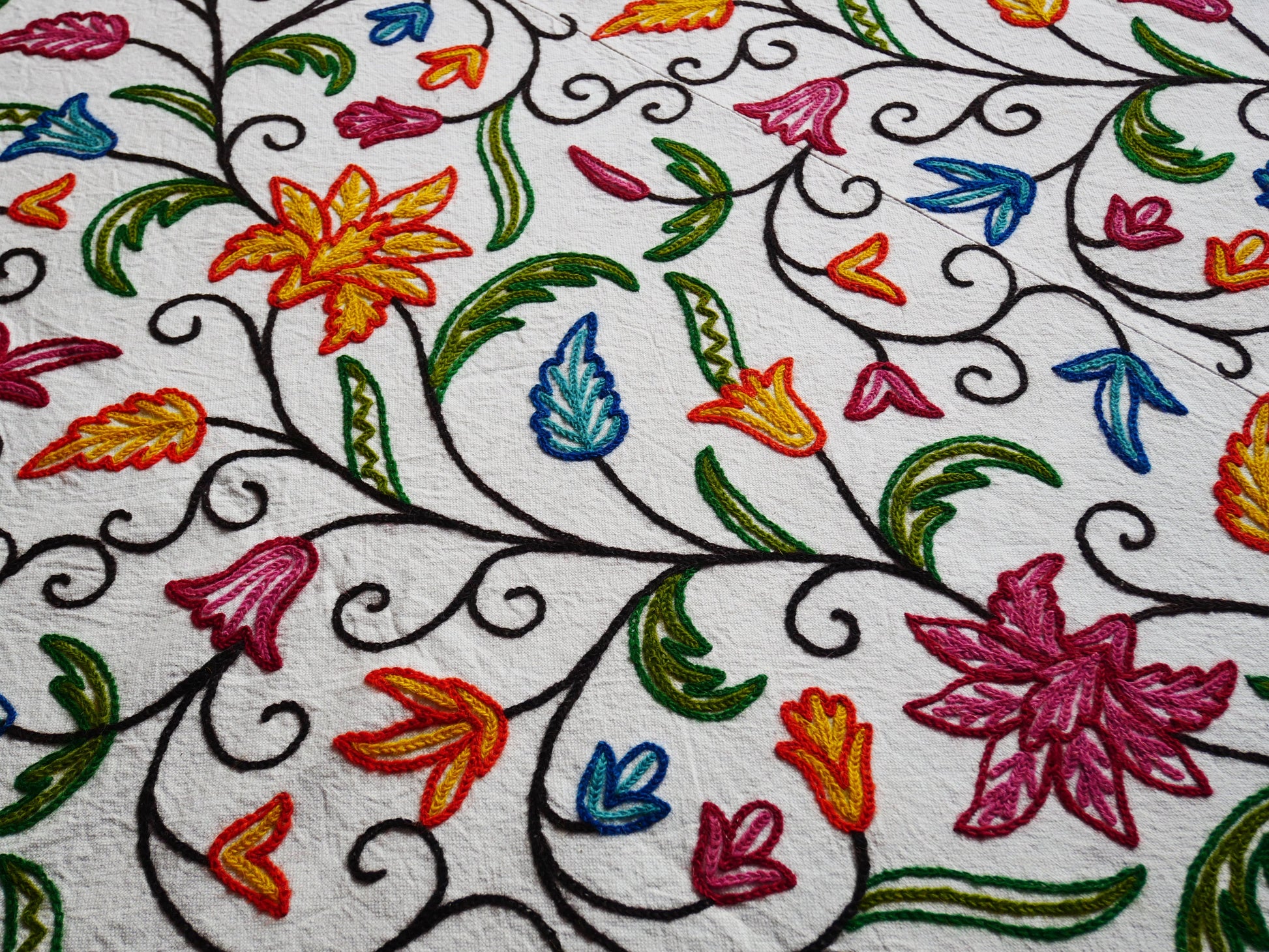 Bohemian bedspread - luxury Indian bedding | Kashmir Crewel embroidery - colorful bed throw, floral design - The Shanti Home