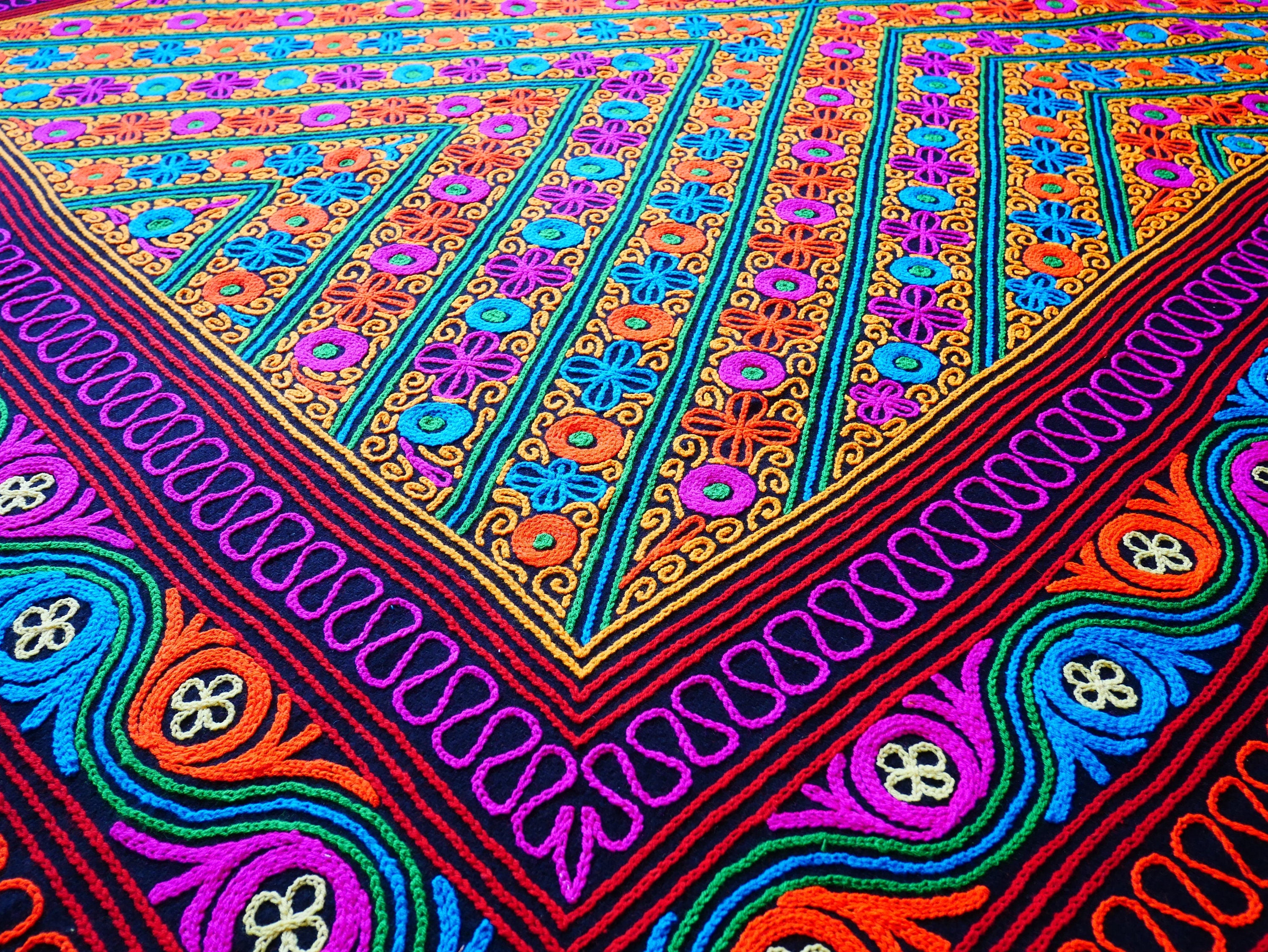 Colorful wool rug - handmade Kashmiri "Gabba" 6x9 wool rug blanket - embroidered floral rug throw - The Shanti Home