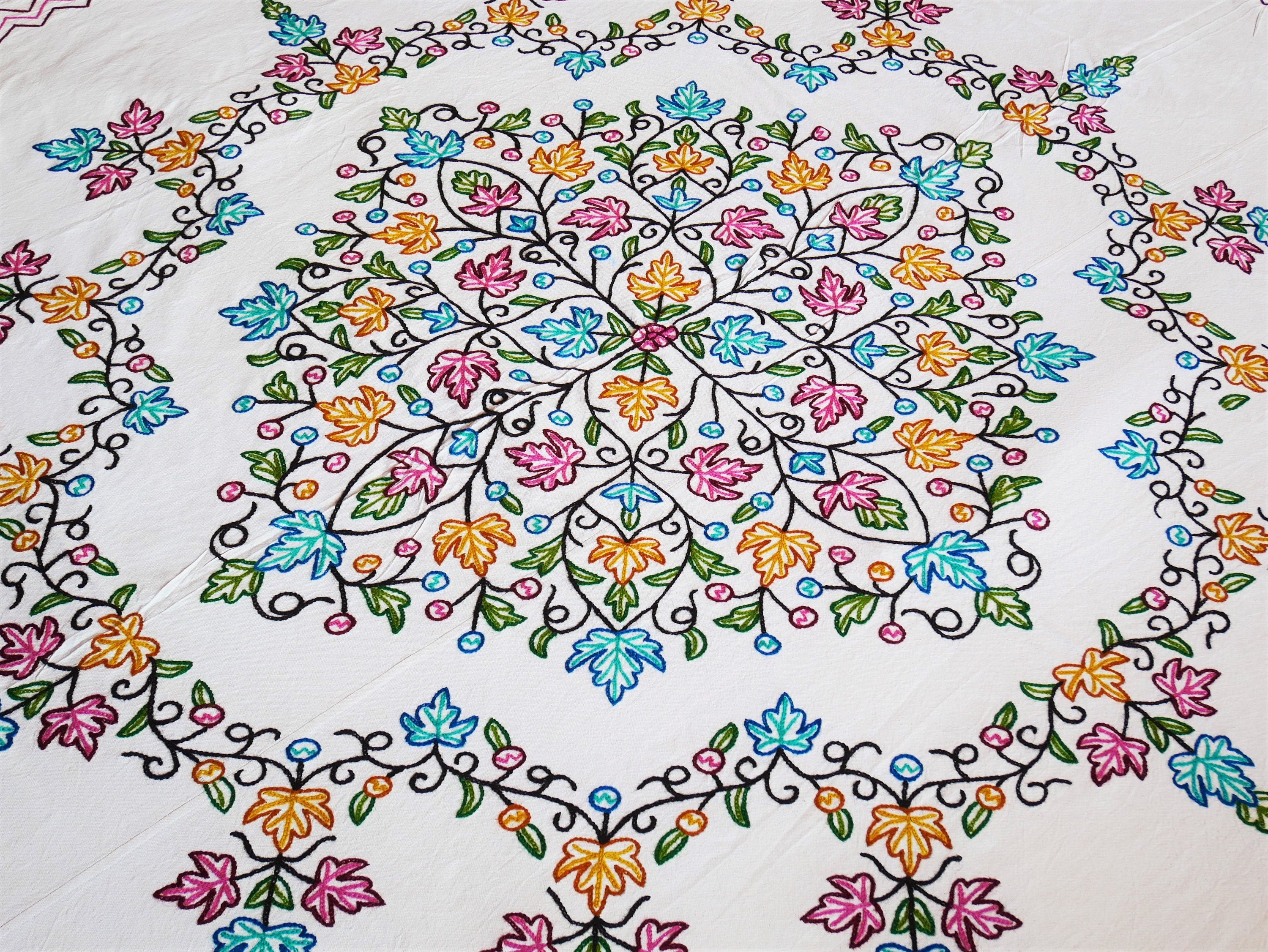 Kashmiri bedding - cotton and wool bed throw - elegant floral embroidery - The Shanti Home