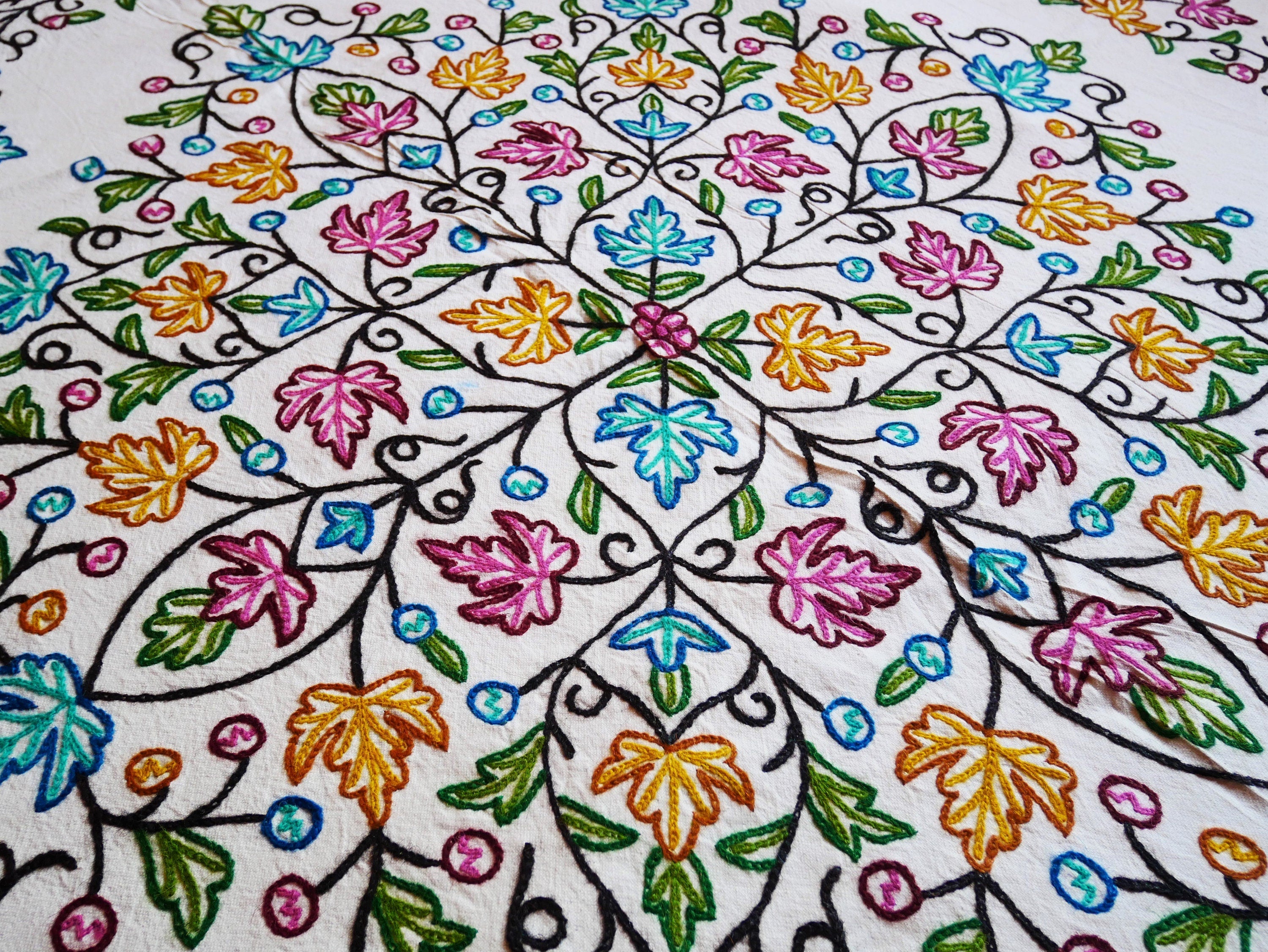 Kashmiri bedding - cotton and wool bed throw - elegant floral embroidery - The Shanti Home