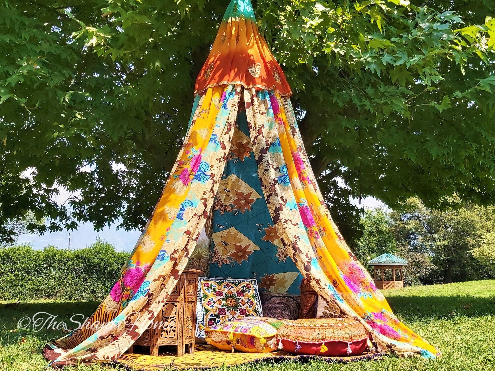 Boho canopy - Saree tent - bed canopy | bohemian wedding backdrop | Indian Hippie decor - floor seating area | meditation room - glamping - The Shanti Home
