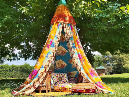 Boho canopy - Saree tent - bed canopy | bohemian wedding backdrop | Indian Hippie decor - floor seating area | meditation room - glamping - The Shanti Home