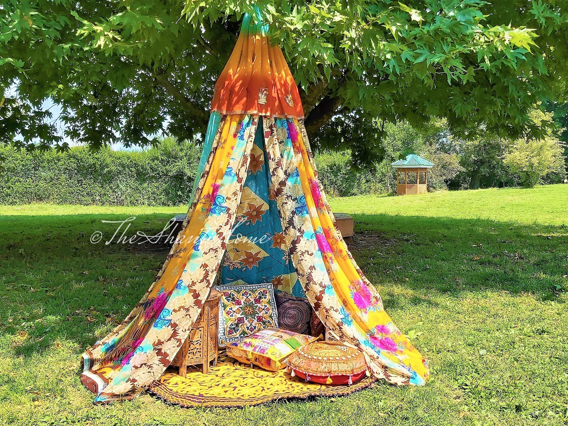 Boho canopy - Saree tent - bed canopy | bohemian wedding backdrop | Indian Hippie decor - floor seating area | meditation room - glamping - The Shanti Home