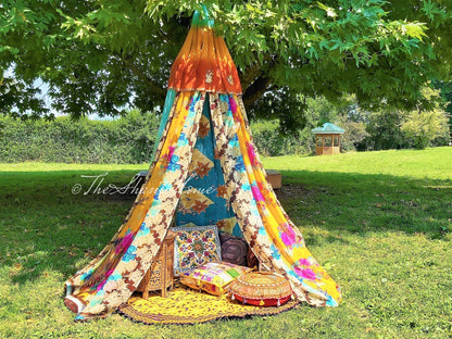Boho canopy - Saree tent - bed canopy | bohemian wedding backdrop | Indian Hippie decor - floor seating area | meditation room - glamping - The Shanti Home