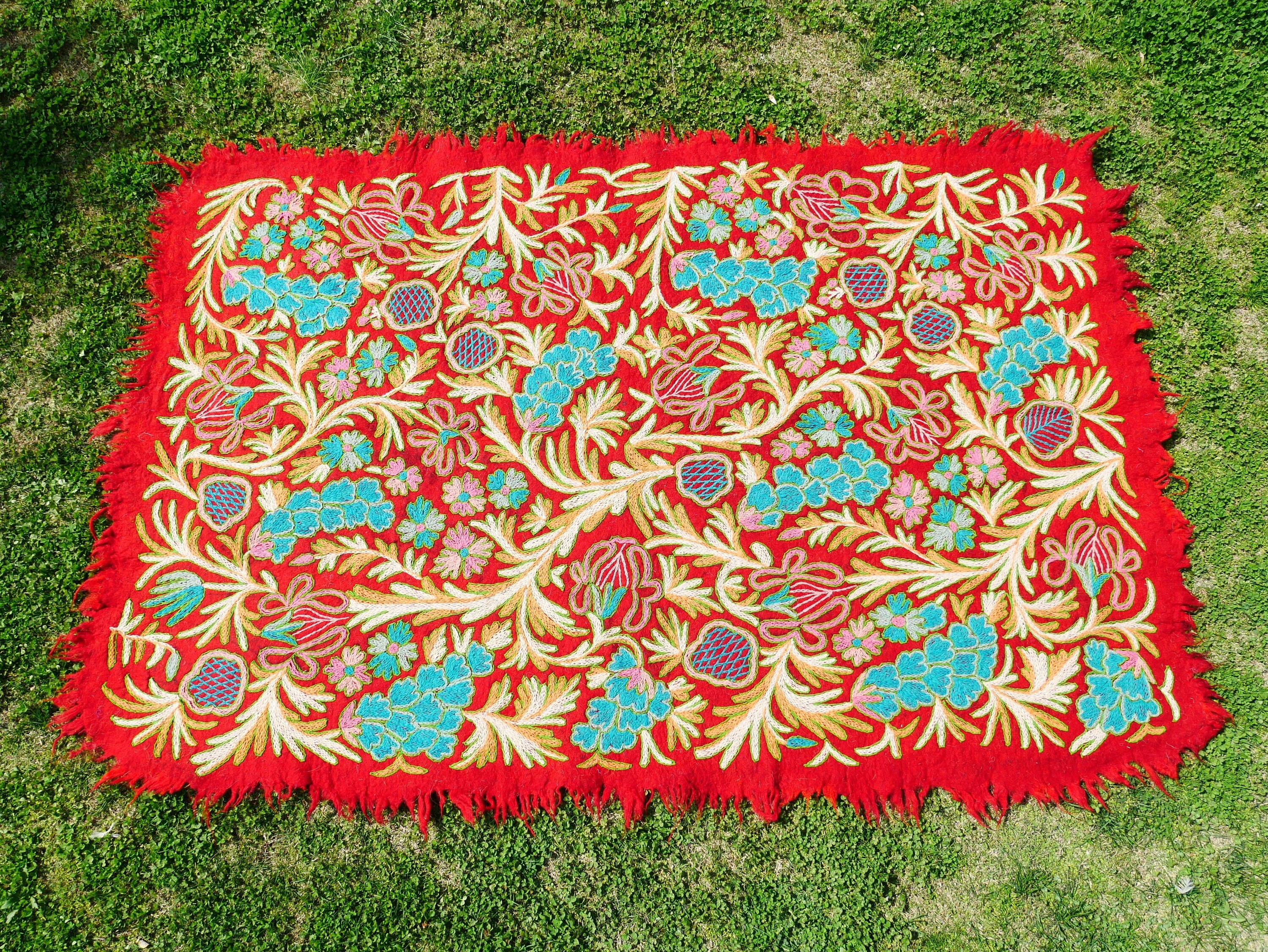 Boho wool rug - handmade traditional Namda from Kashmir | hand felted, embroidered 6x4 bohemian bedroom rug - colorful floral rug - The Shanti Home