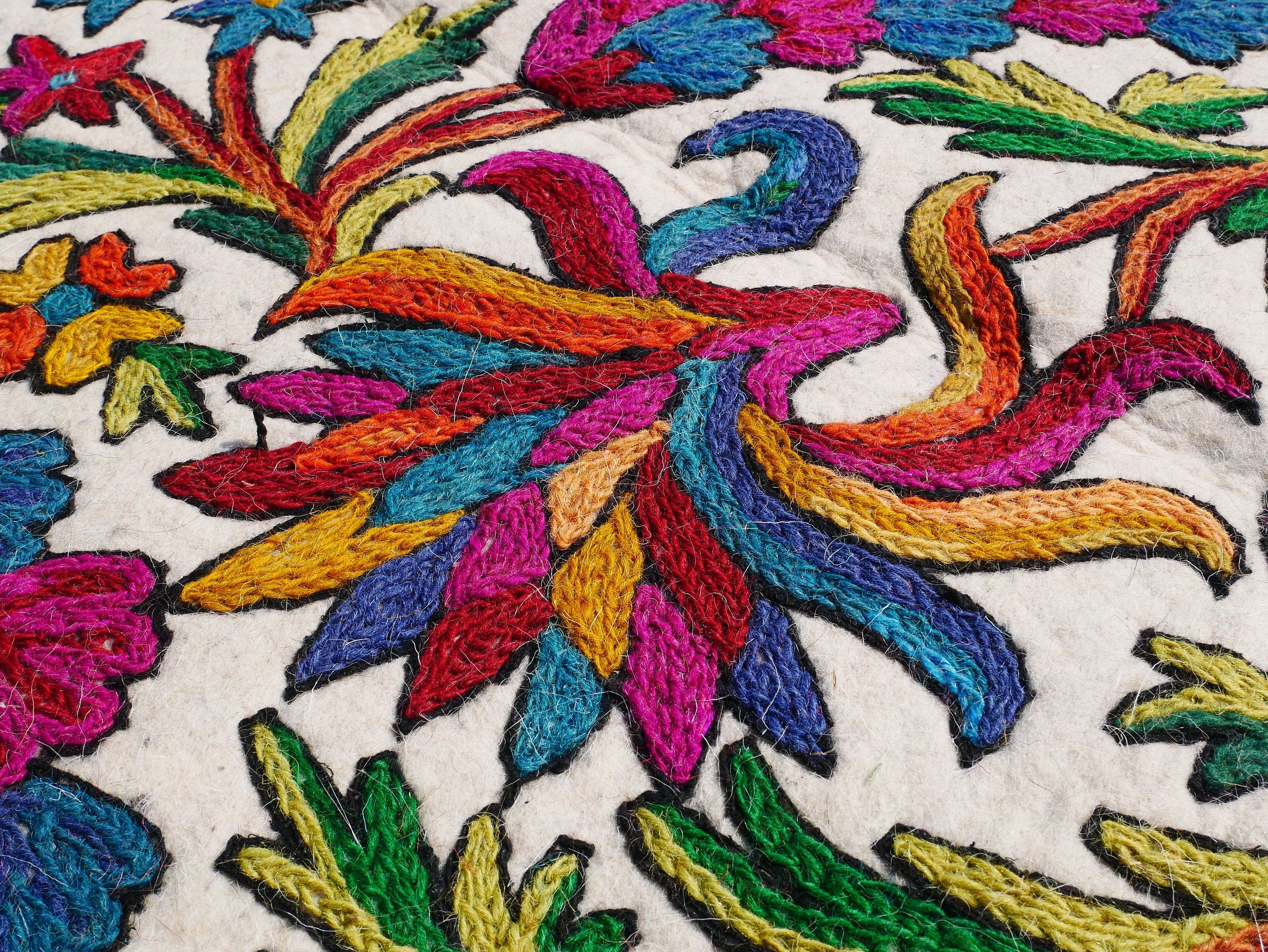 Handmade wool rug "Shalimar" traditional Namda felt rug from Kashmir | hand felted, embroidered 6x4 bohemian floor seating - boho area rug - The Shanti Home